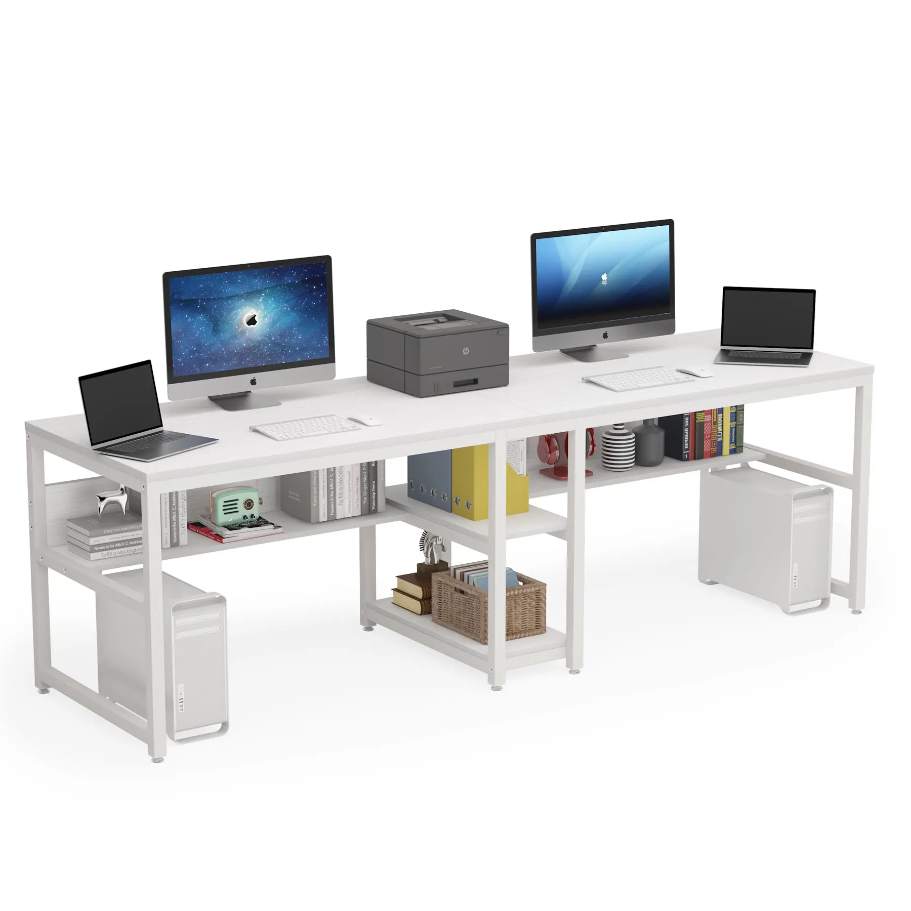 Rustic Two-Person Desk with Bookshelf for Home Office — 78.7in Double Workstation