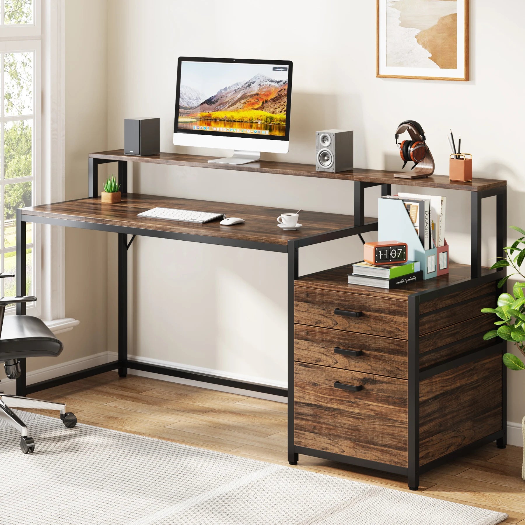 Industrial Computer Desk with 3 Drawers for Home Office — 59in Writing Table