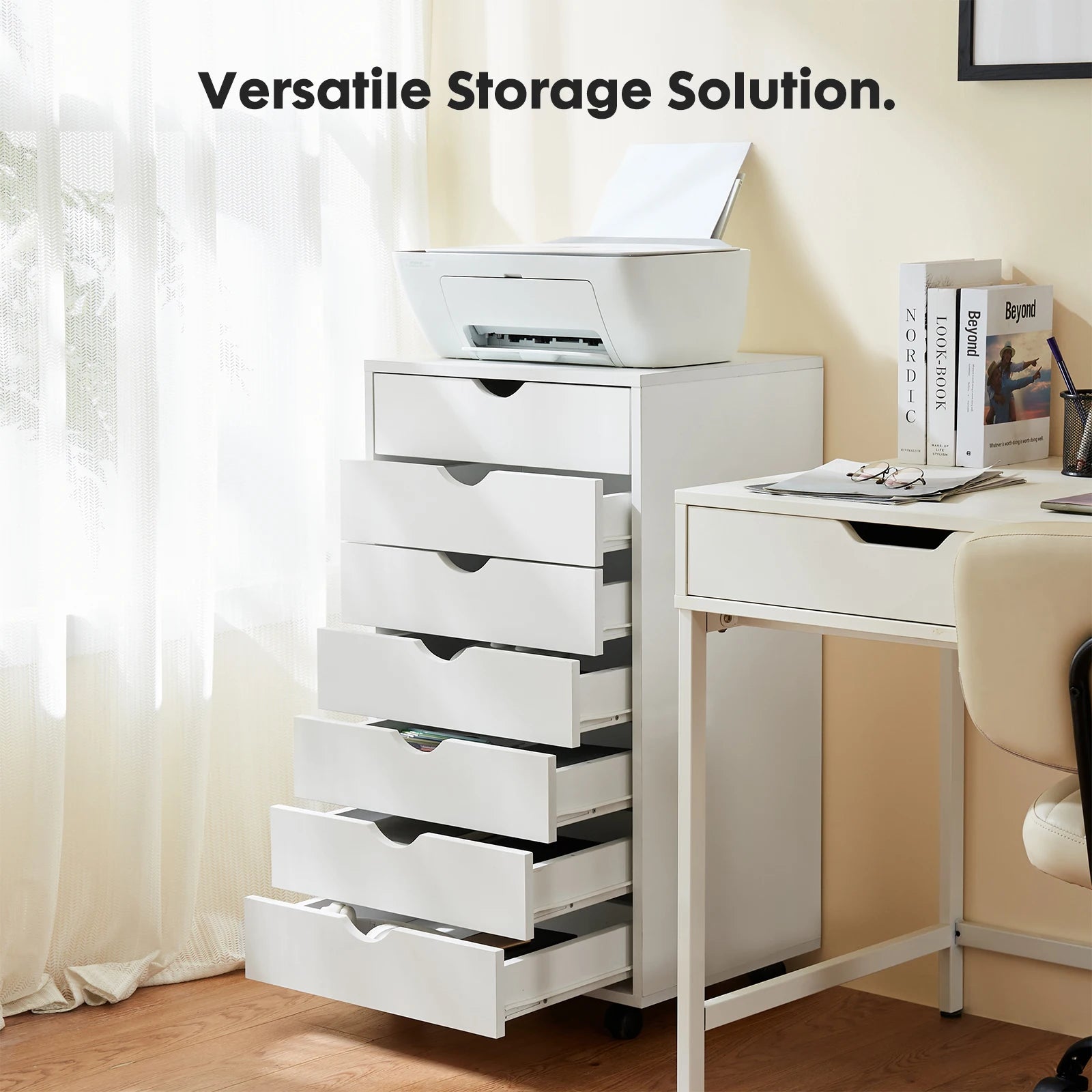 White 7-Drawer Rolling Dresser with Locking Casters for Bedroom or Office — 26" Tall