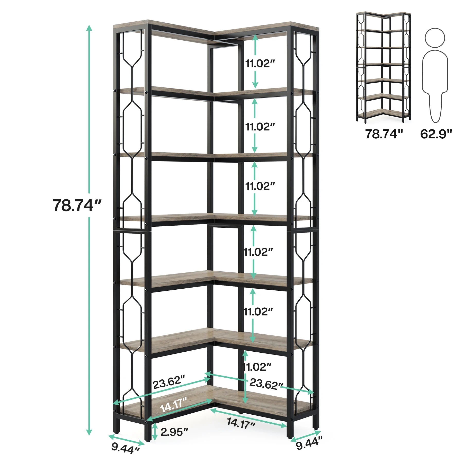 Industrial Corner Bookcase with 7 Shelves and Black Metal Frame for Living Room — 71" Tall