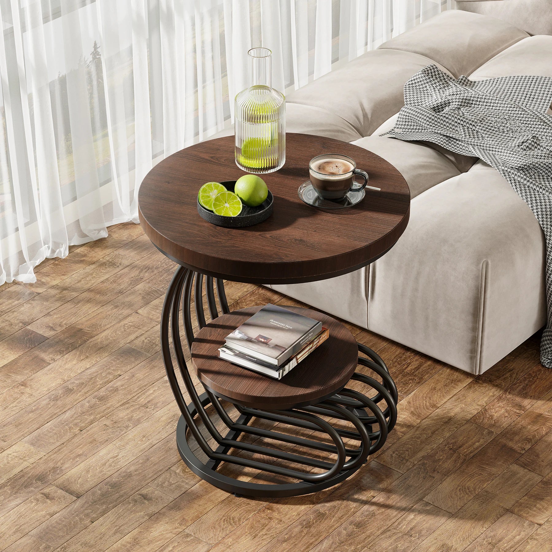 Gold Round Side Table with Faux-Marble Tiers for Living Room — 20-inch Sculptural Accent Table