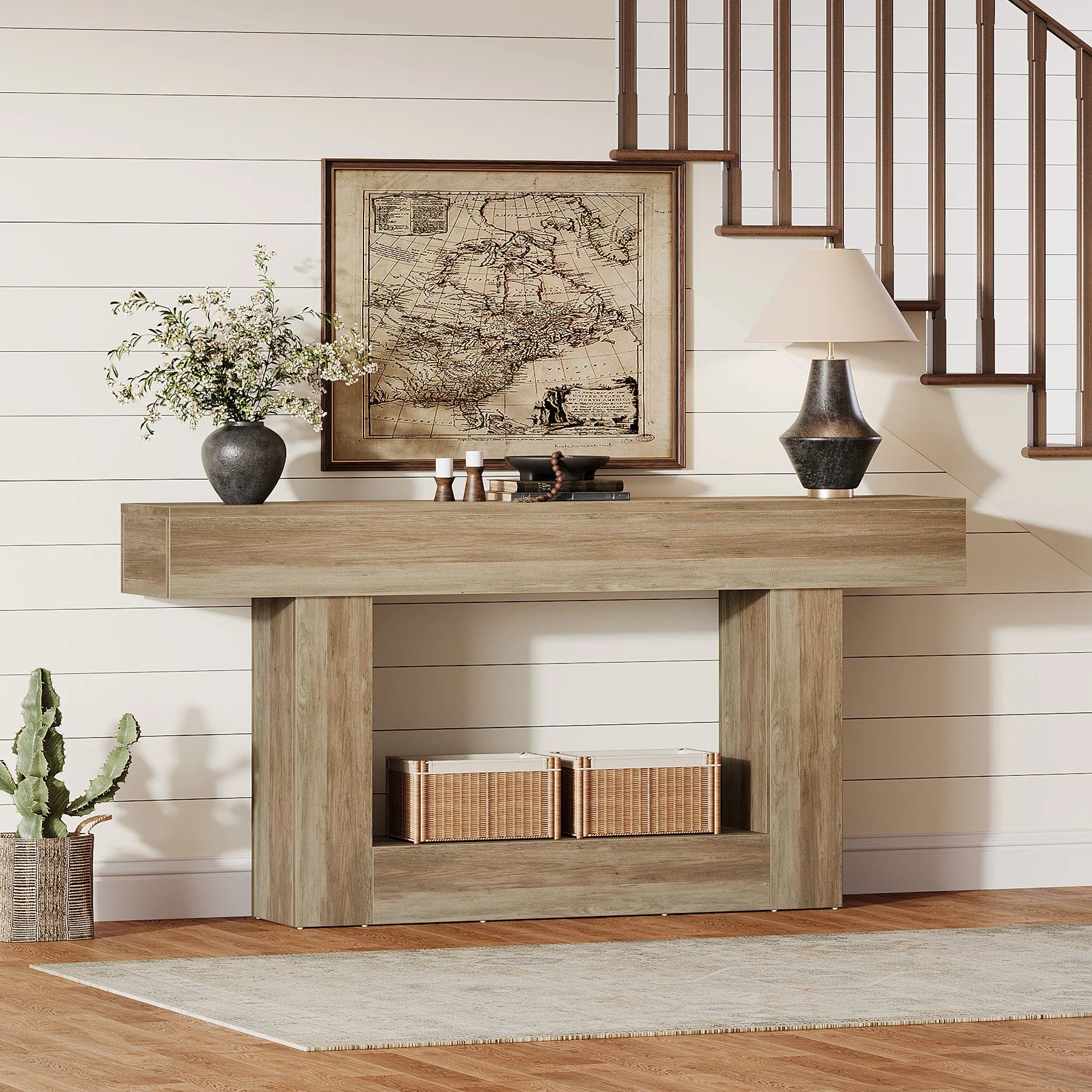 Two-Tone Farmhouse Console Table with Lower Shelf for Entryway — 63"
