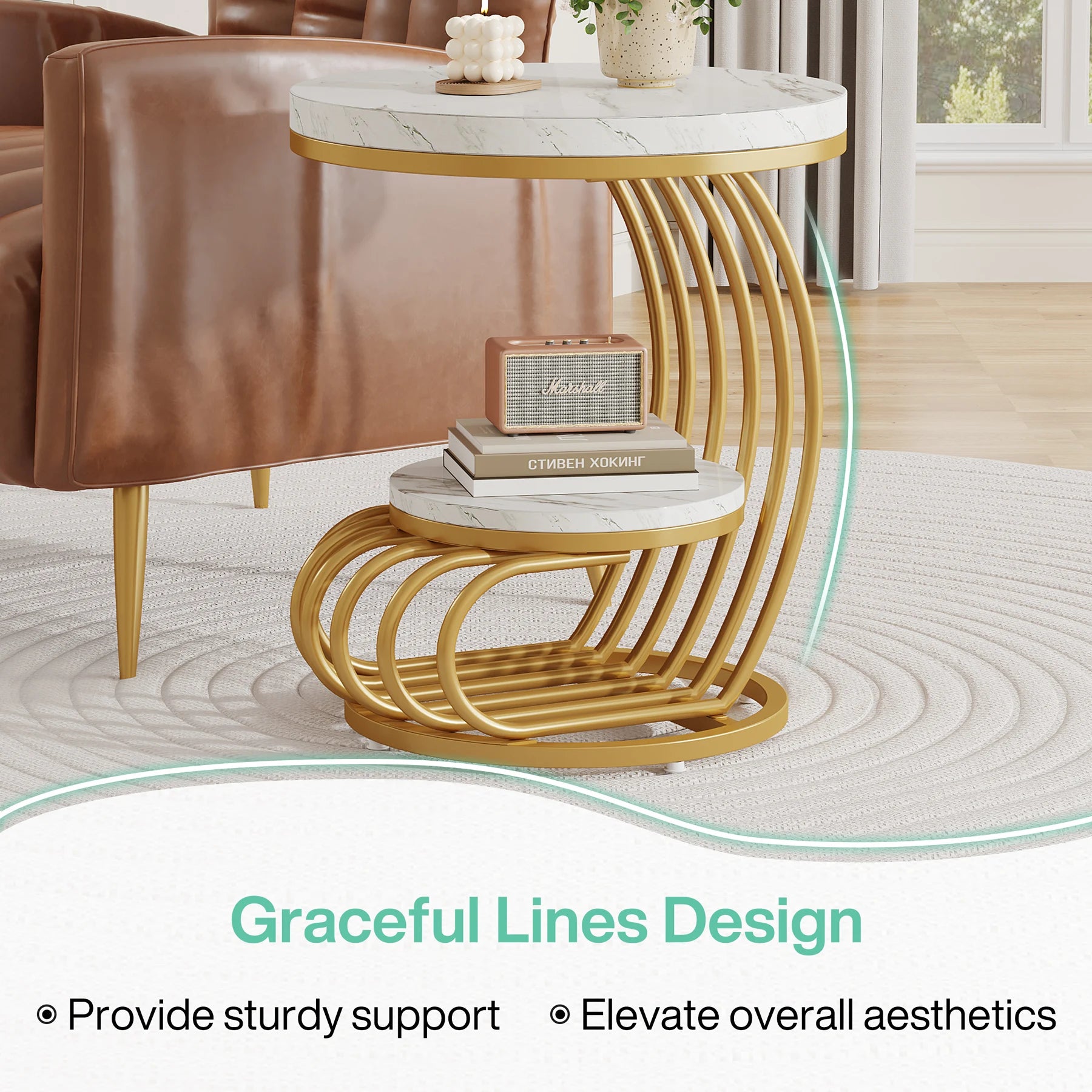 Gold Round Side Table with Faux-Marble Tiers for Living Room — 20-inch Sculptural Accent Table