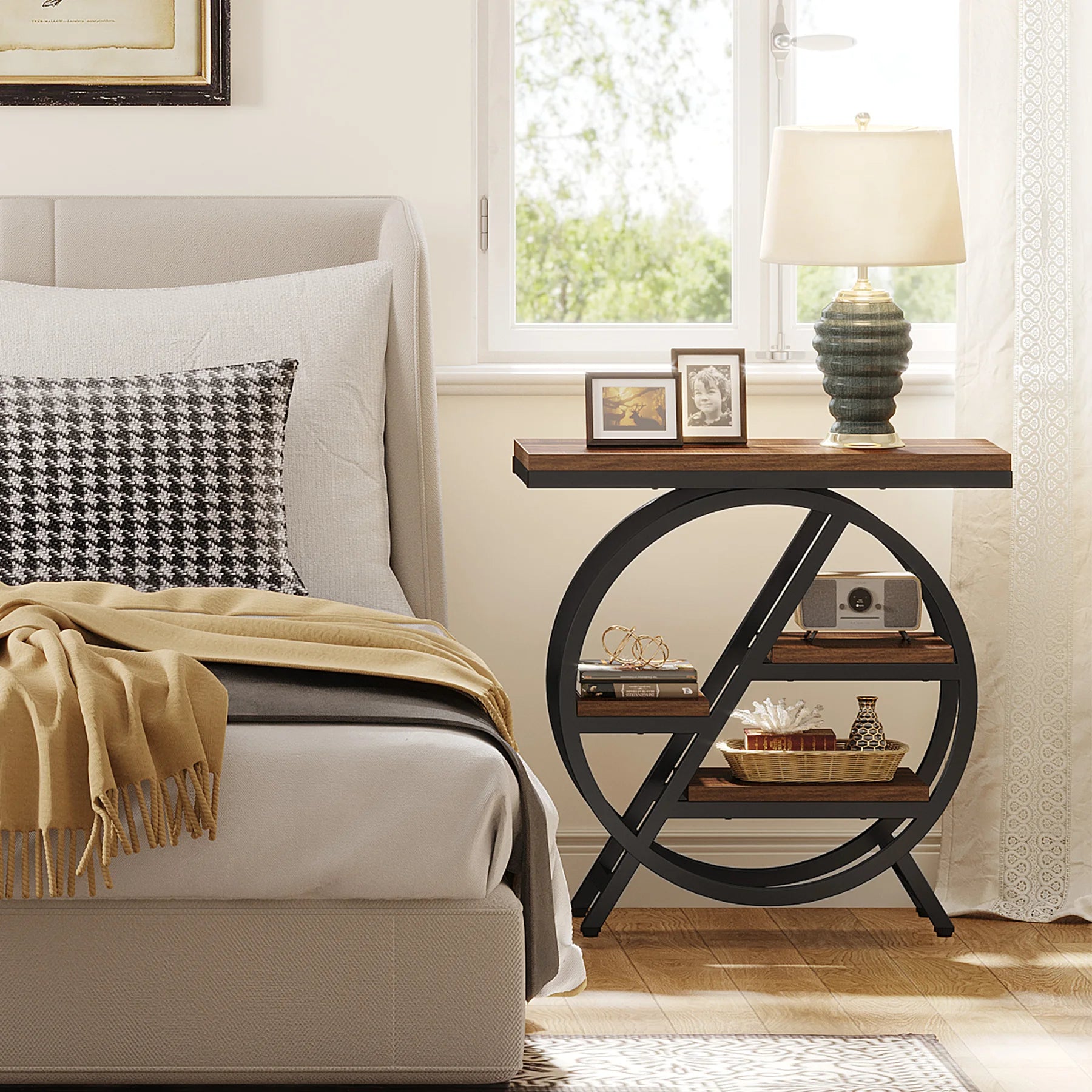 Rustic Wood 3-Tier Side Table with Round Metal Frame for Living Room — Narrow
