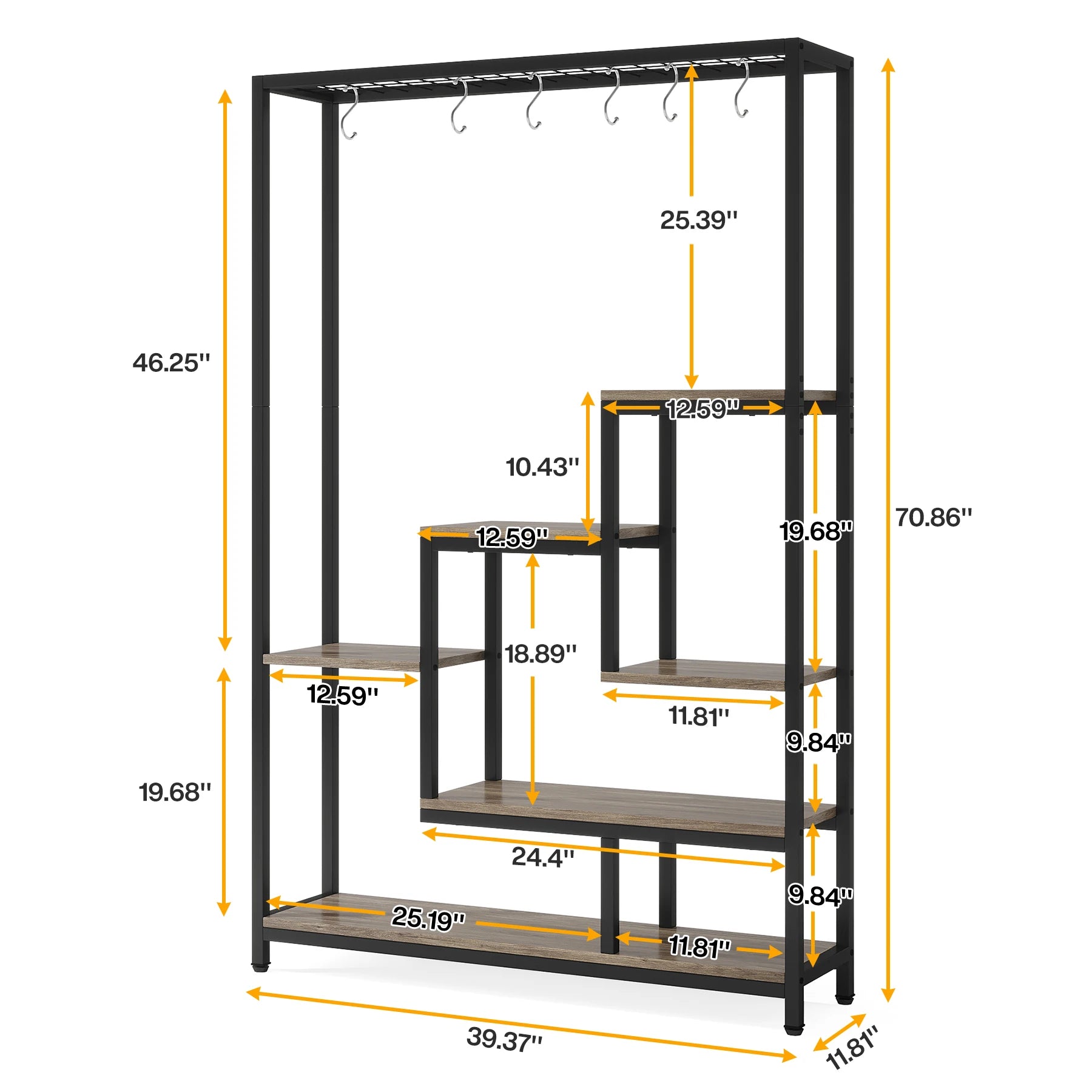 Industrial Metal Plant Stand with Hanging Hooks for Living Room — 5-Tier, 70.9in Tall