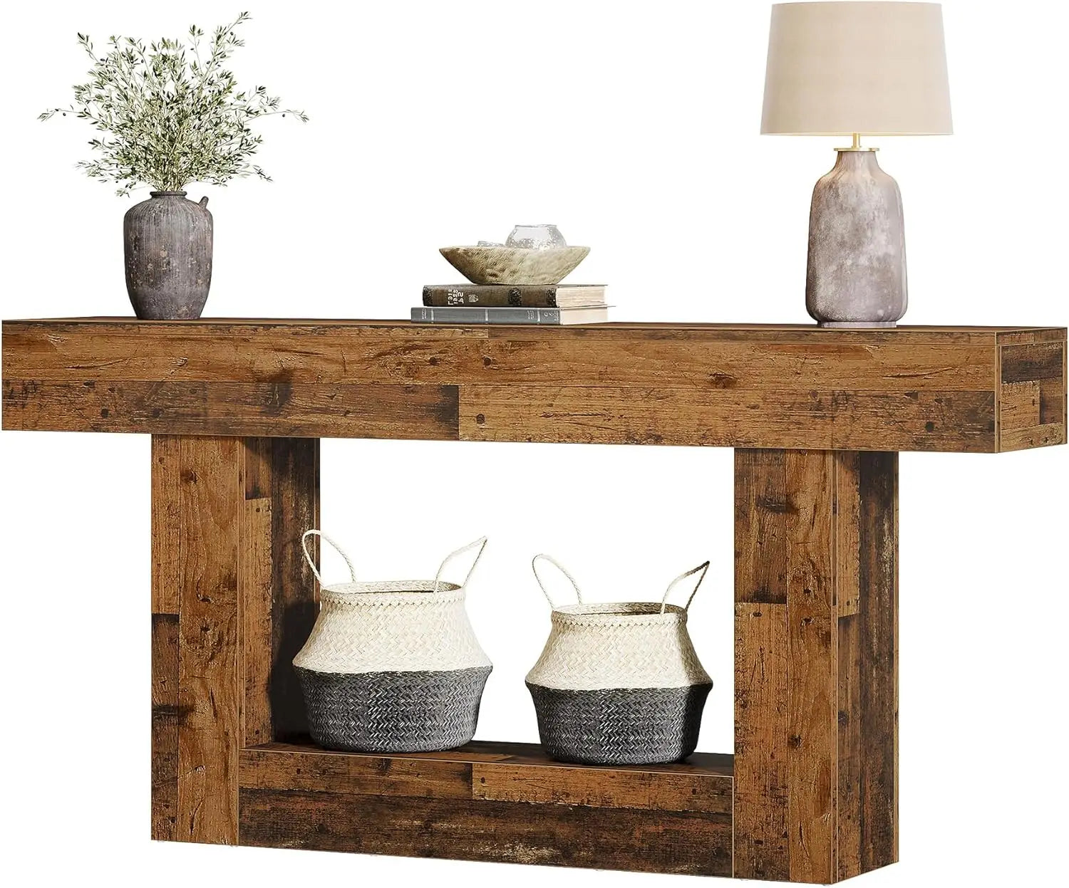 Two-Tone Farmhouse Console Table with Lower Shelf for Entryway — 63"