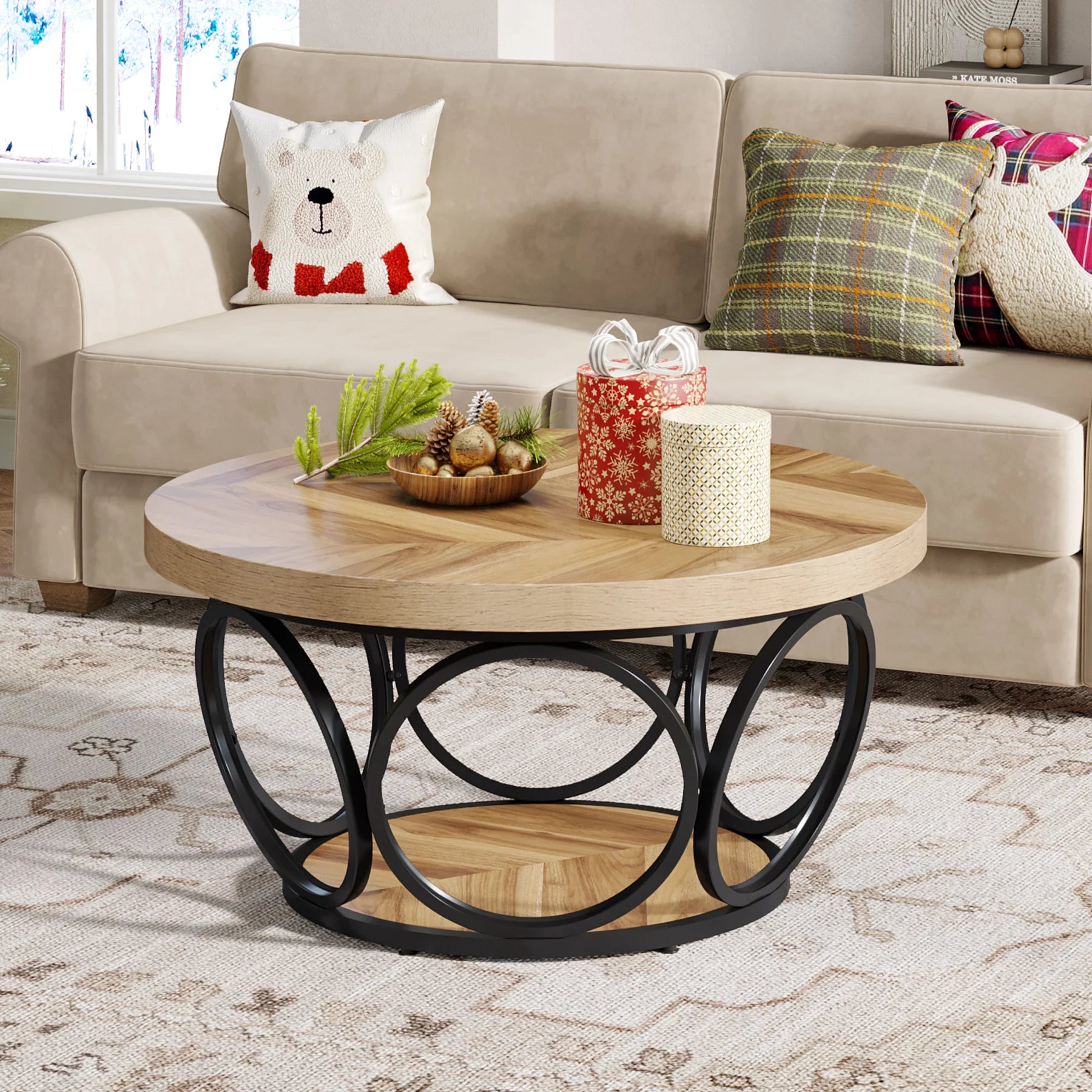 Round Industrial Coffee Table with Storage Shelf for Living Room — 31.7" Oak