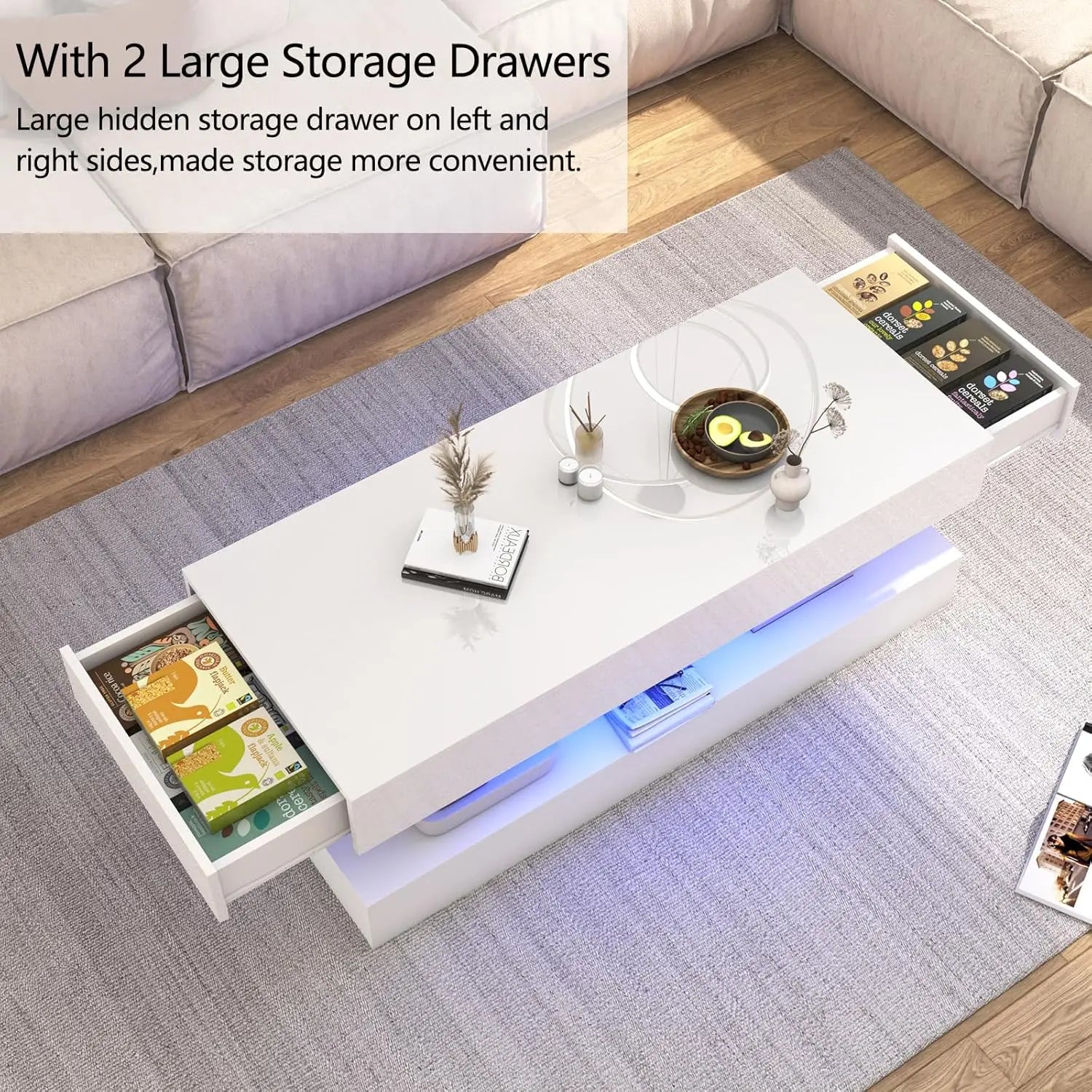 LED Coffee Table with Storage — Modern Faux Marble Coffee Table with Drawers for Living Room