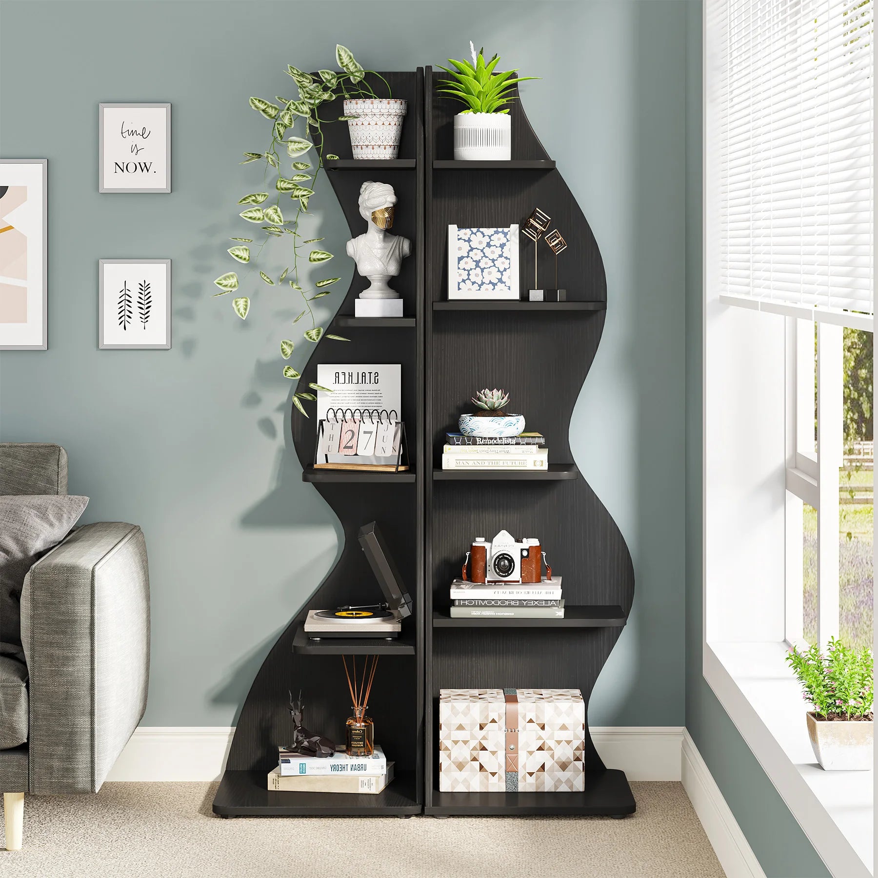 White Wave 5-Tier Corner Bookshelf with Curved Silhouette for Living Room — 65"H Floor Shelf