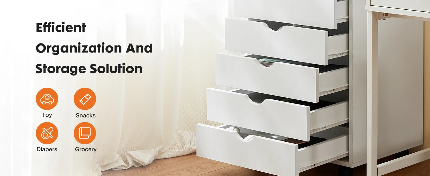 White 7-Drawer Rolling Dresser with Locking Casters for Bedroom or Office — 26" Tall