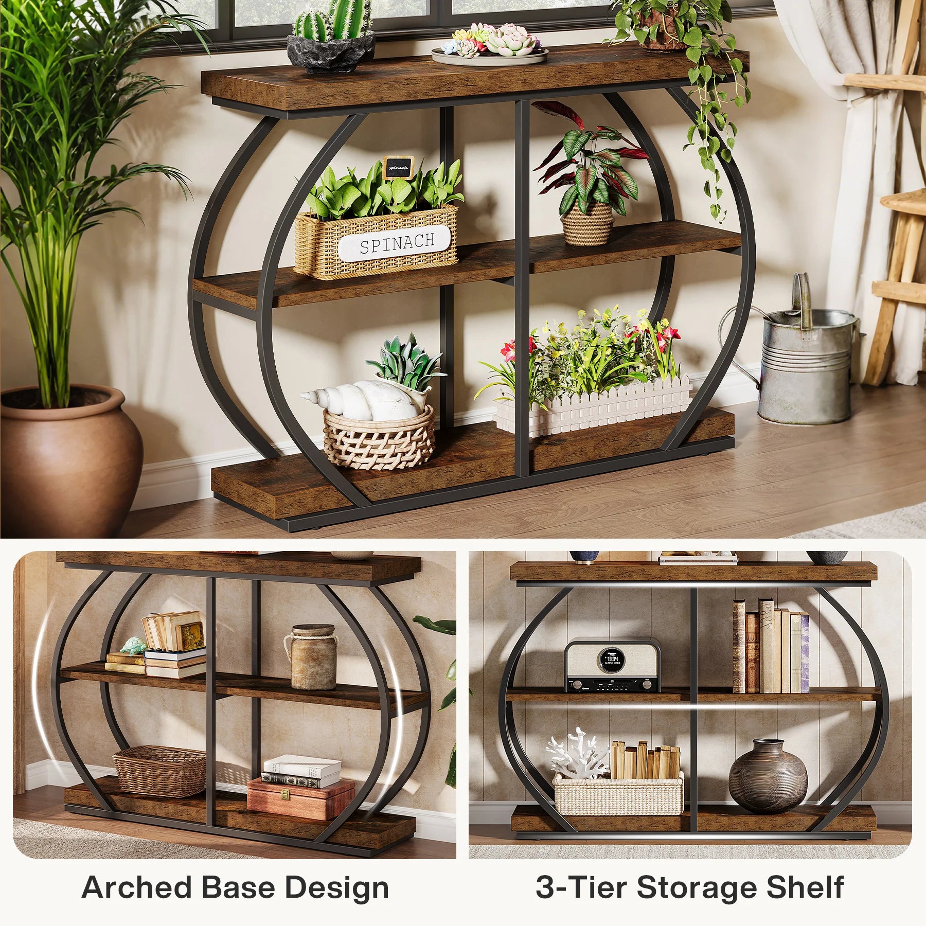 Rustic Industrial Console Table with Arched Metal Frame and 3 Storage Shelves for Entryway — 41 in