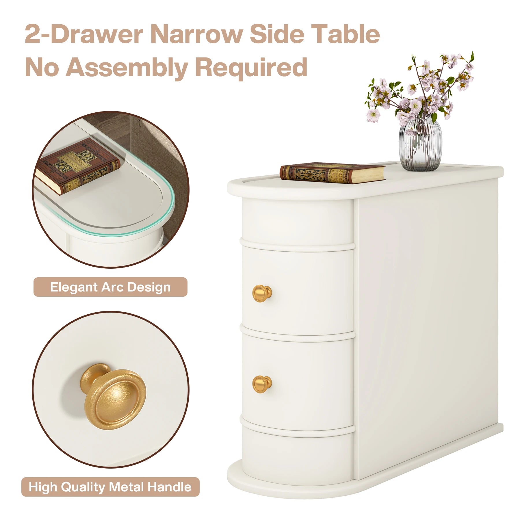 Solid Wood Narrow Side Table Nightstand with 2 Drawers for Living Room — 24" Tall