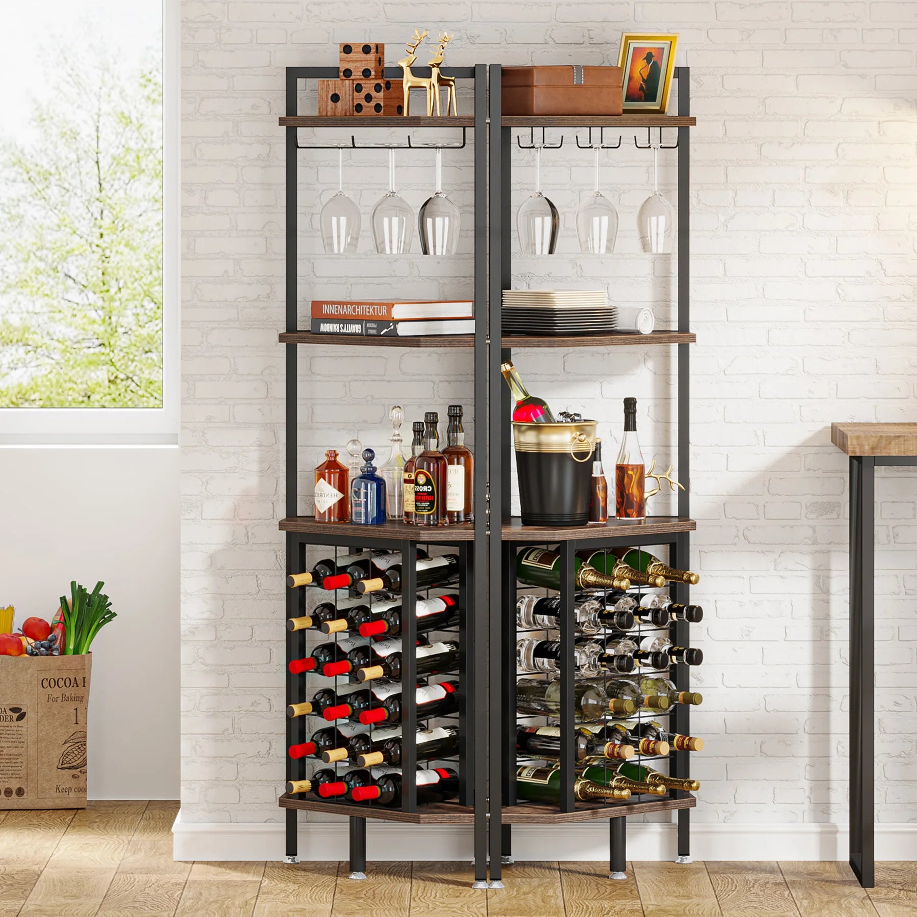 Industrial Wine Bakers Rack, 20-Bottle Freestanding Wine Rack with Glass Holder & Storage Shelves
