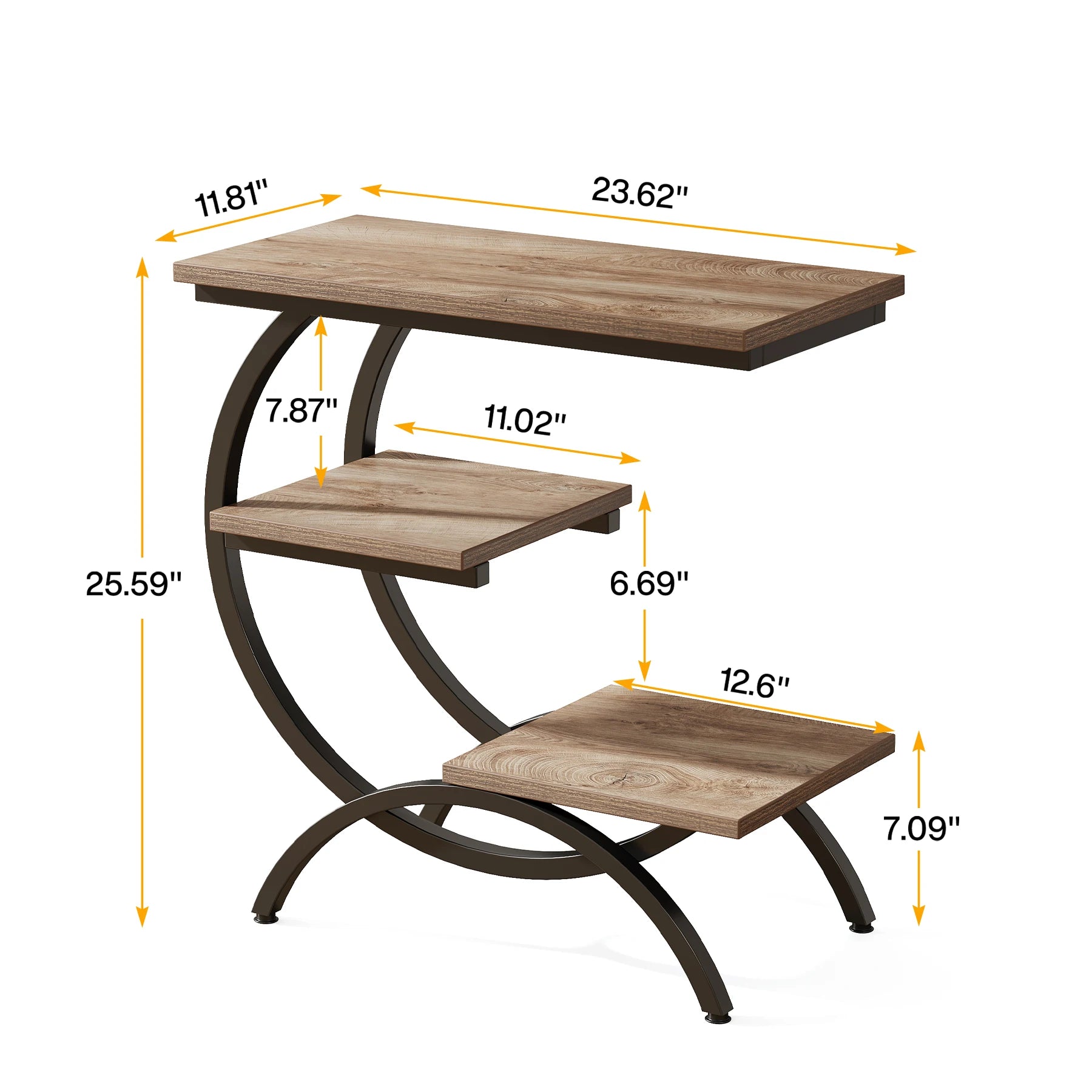 Industrial 3-Tier Side Table with Curved Metal Frame for Living Room — Rustic Brown Wood