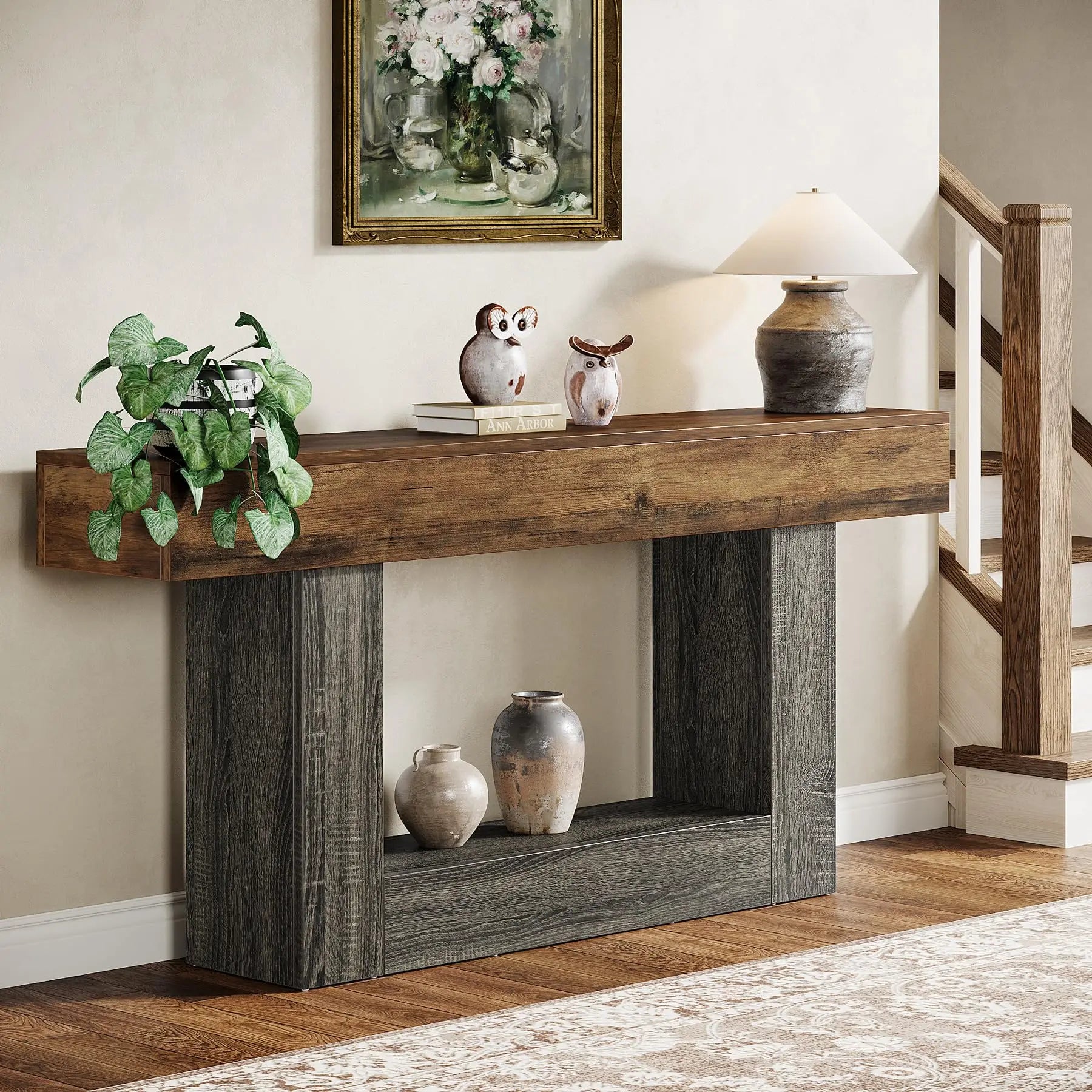 Two-Tone Farmhouse Console Table with Lower Shelf for Entryway — 63"