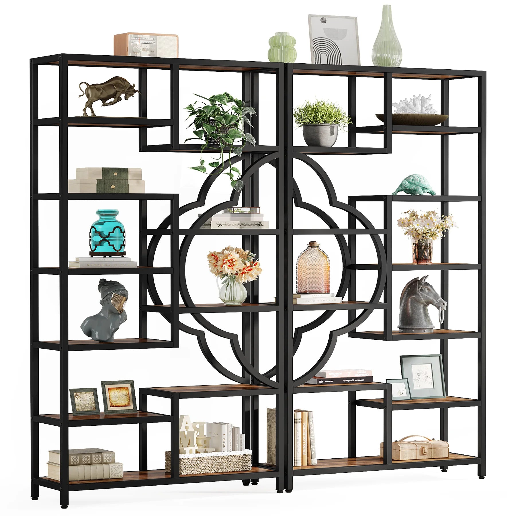 Industrial Etagere Bookcase with Curved Arc for Living Room — 71" Tall Freestanding