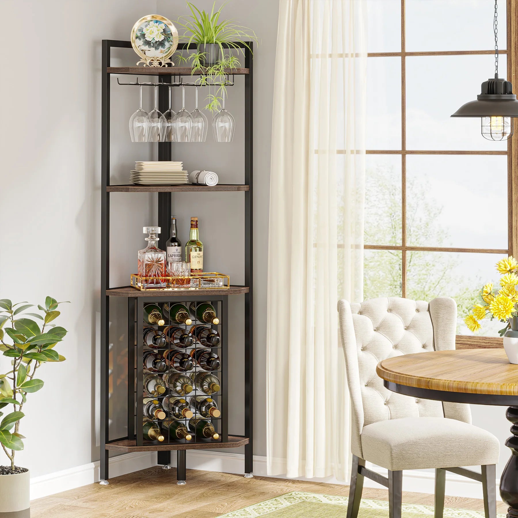 Industrial Wine Bakers Rack, 20-Bottle Freestanding Wine Rack with Glass Holder & Storage Shelves