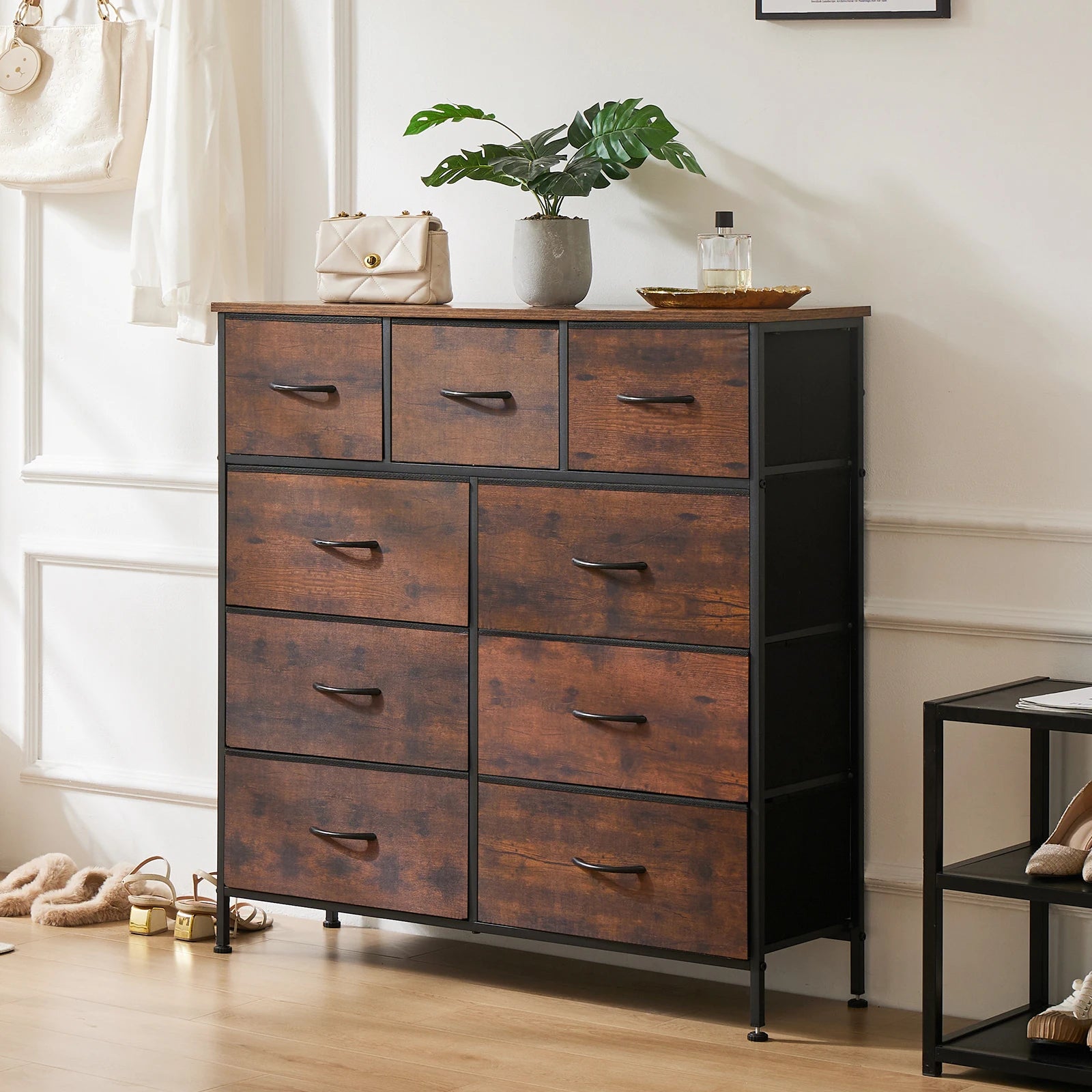 Rustic Wood-Look Dresser with 9 Fabric Drawers for Bedroom — Tall Industrial Chest