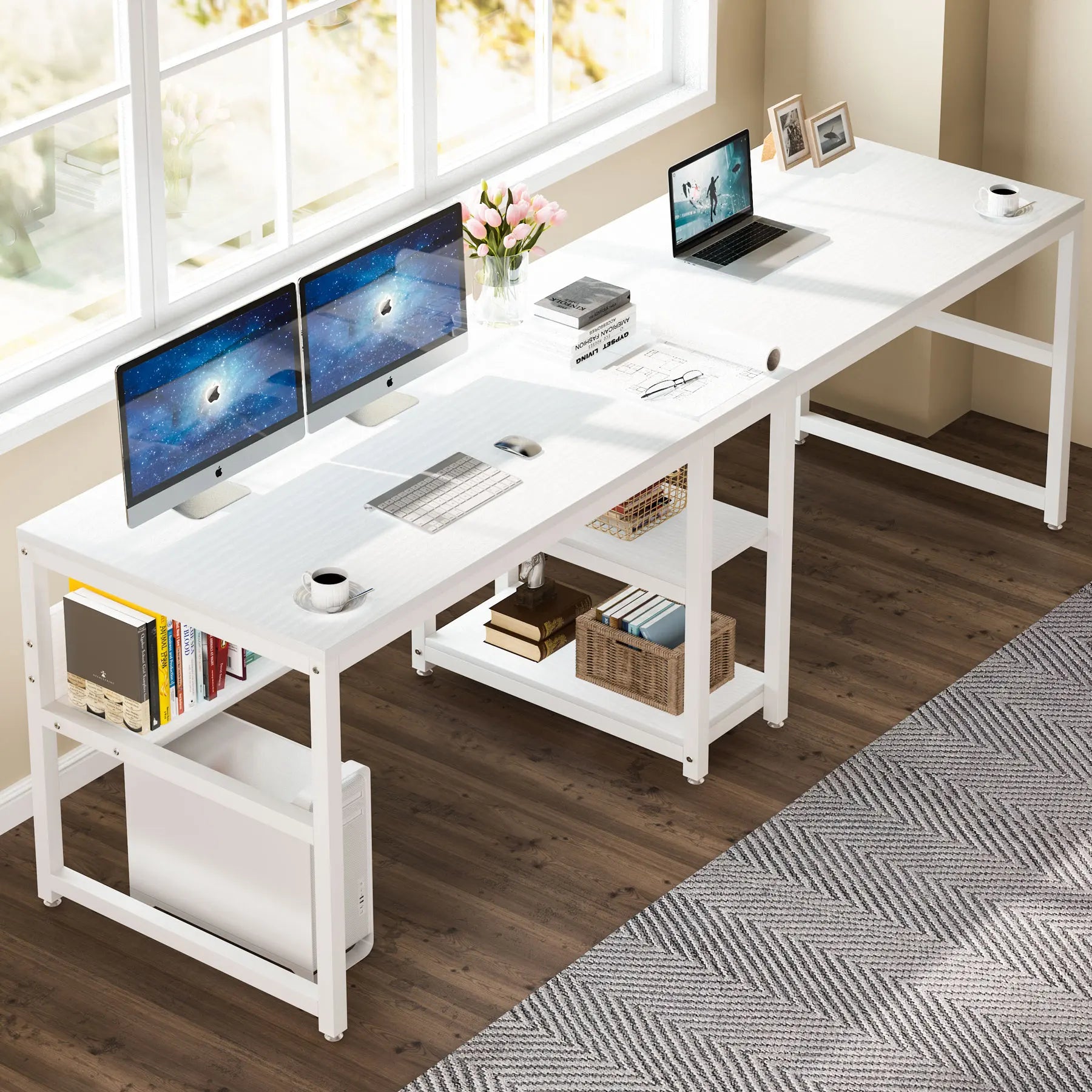Rustic Two-Person Desk with Bookshelf for Home Office — 78.7in Double Workstation