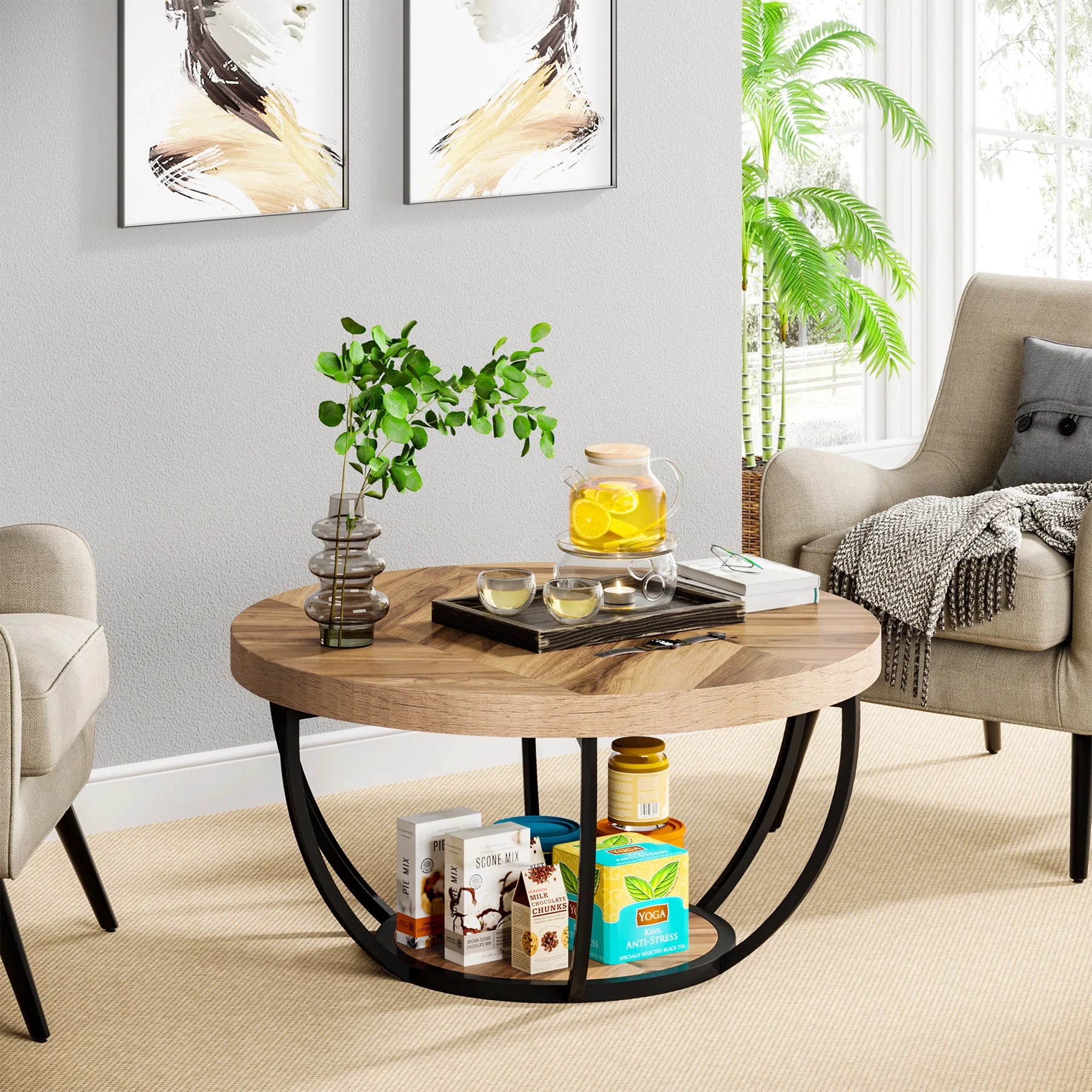 Round Industrial Coffee Table with Storage Shelf for Living Room — 31.7" Oak