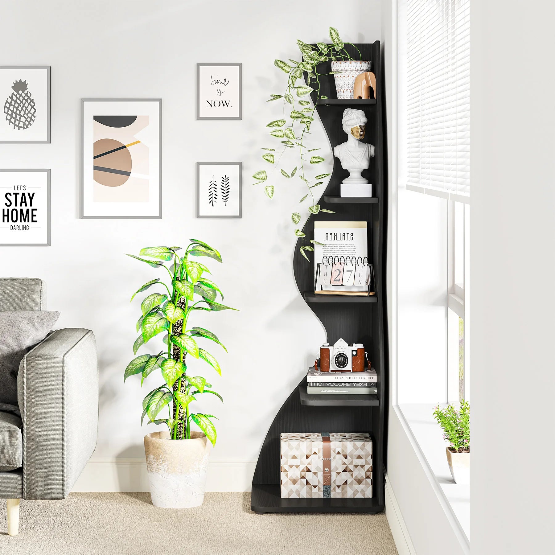 White Wave 5-Tier Corner Bookshelf with Curved Silhouette for Living Room — 65"H Floor Shelf