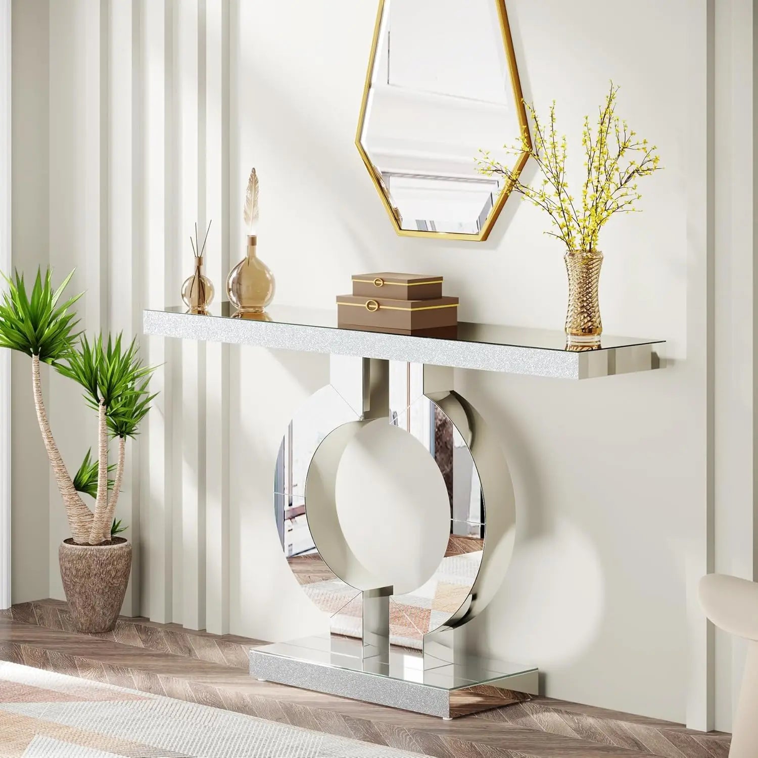 Mirrored Console Table with Crystal Sparkle Finish for Entryway — 43" Wide