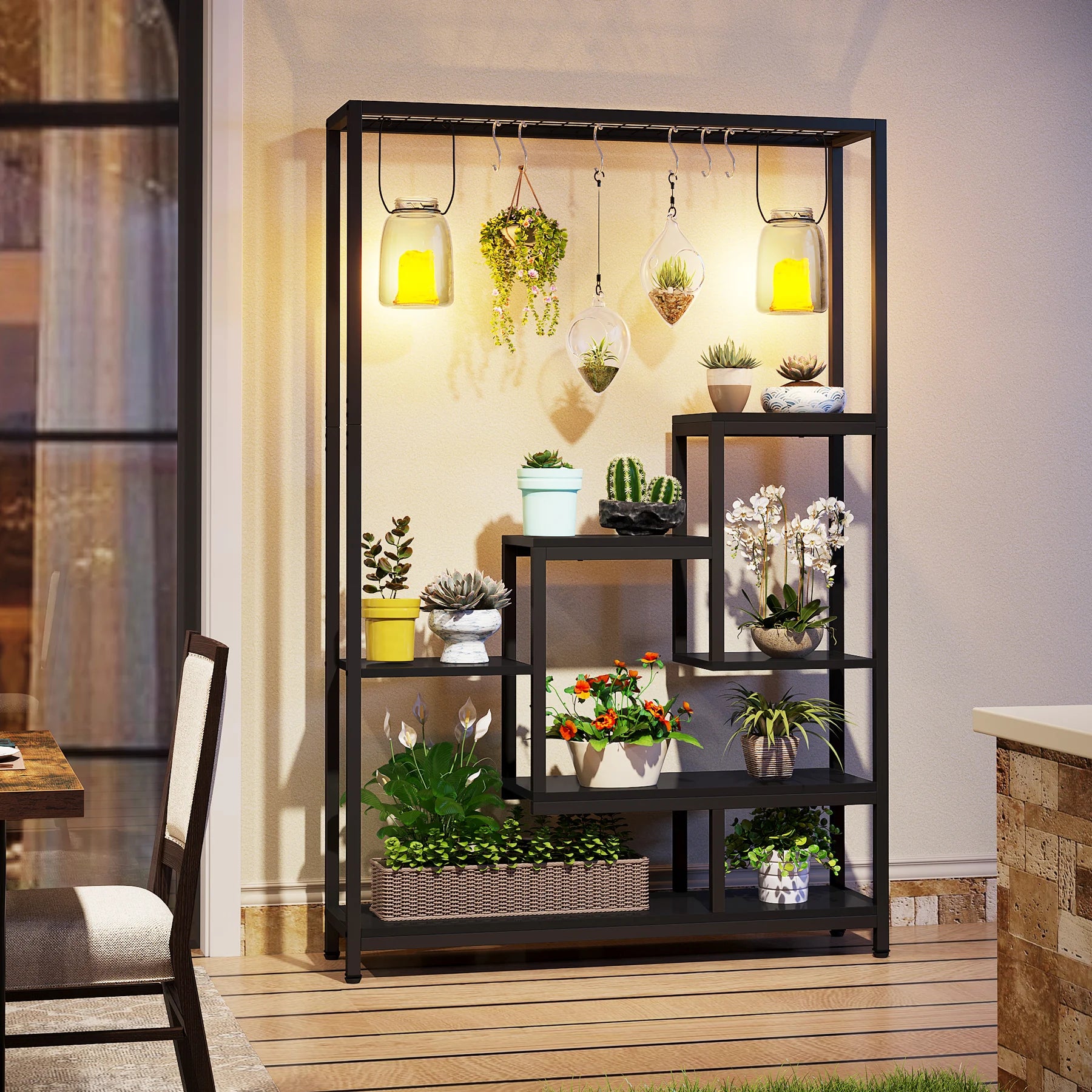 Industrial Metal Plant Stand with Hanging Hooks for Living Room — 5-Tier, 70.9in Tall