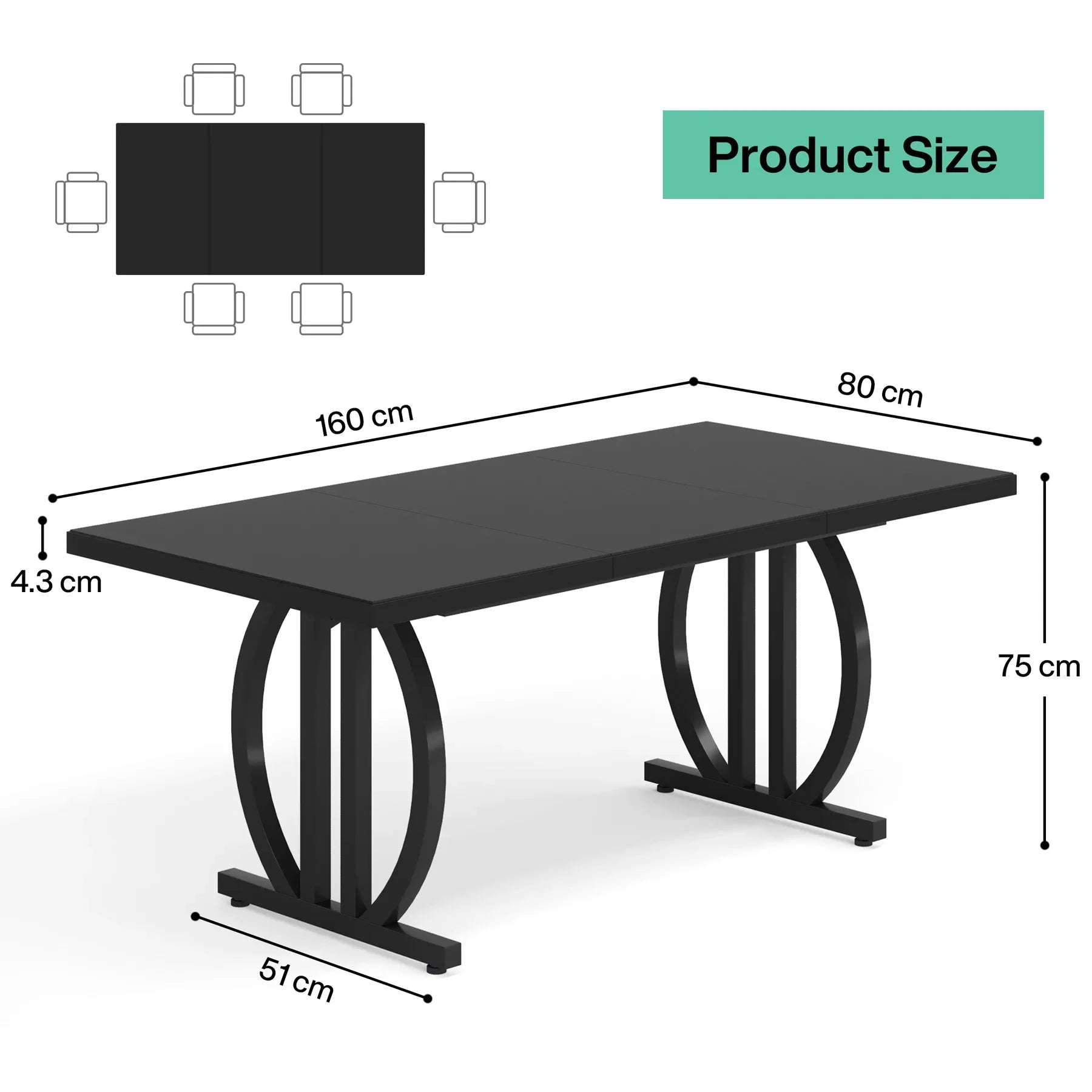 Modern Black 63" Dining Table with Curved Metal Pedestal Base for Kitchen — Seats 6