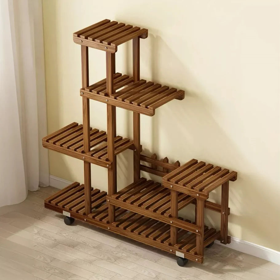 Carbonized Pine Plant Stand with Wheels for Living Room — 6-Tier Rolling Display