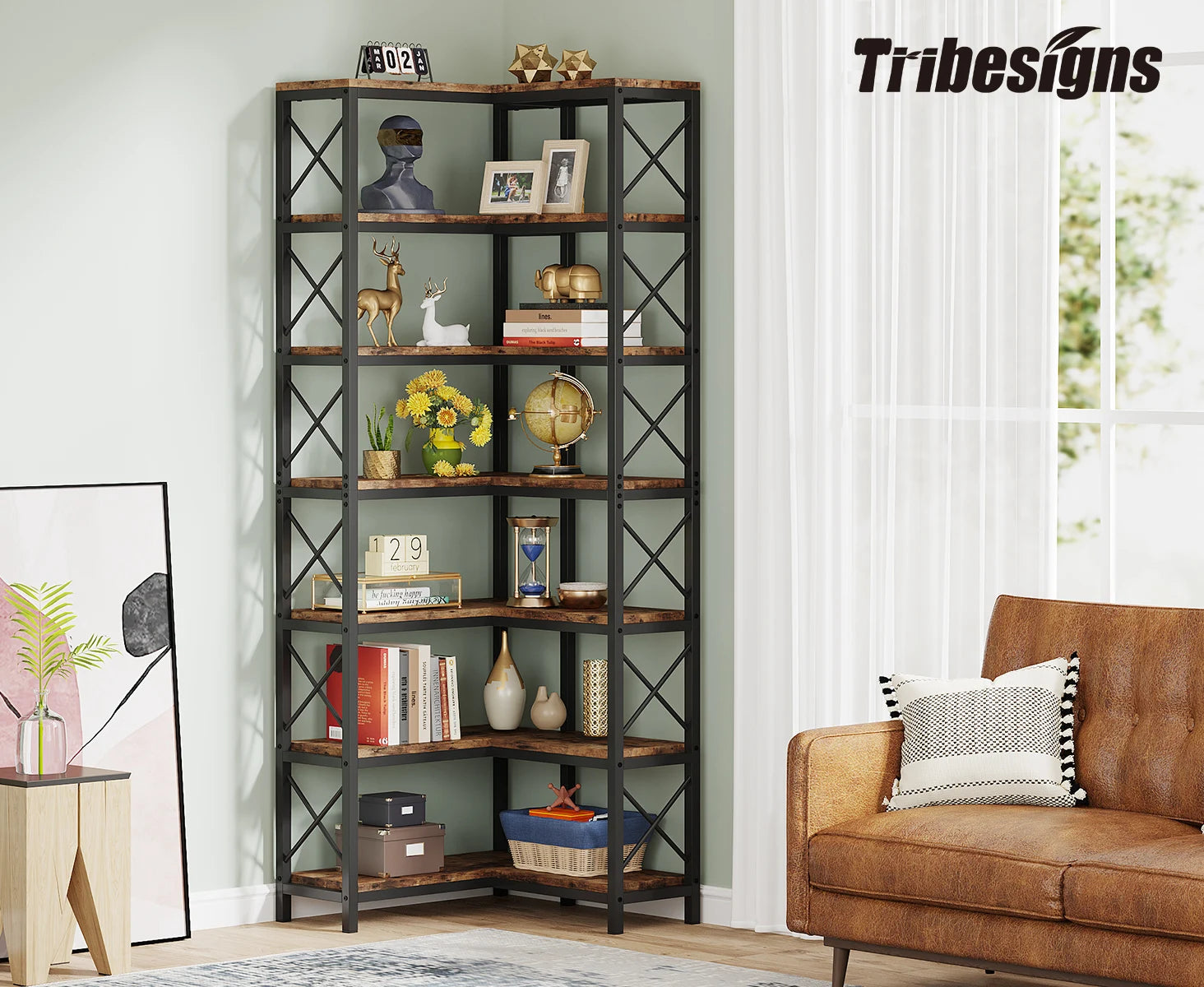 Industrial Corner Bookcase with 7 Shelves and Black Metal Frame for Living Room — 71" Tall