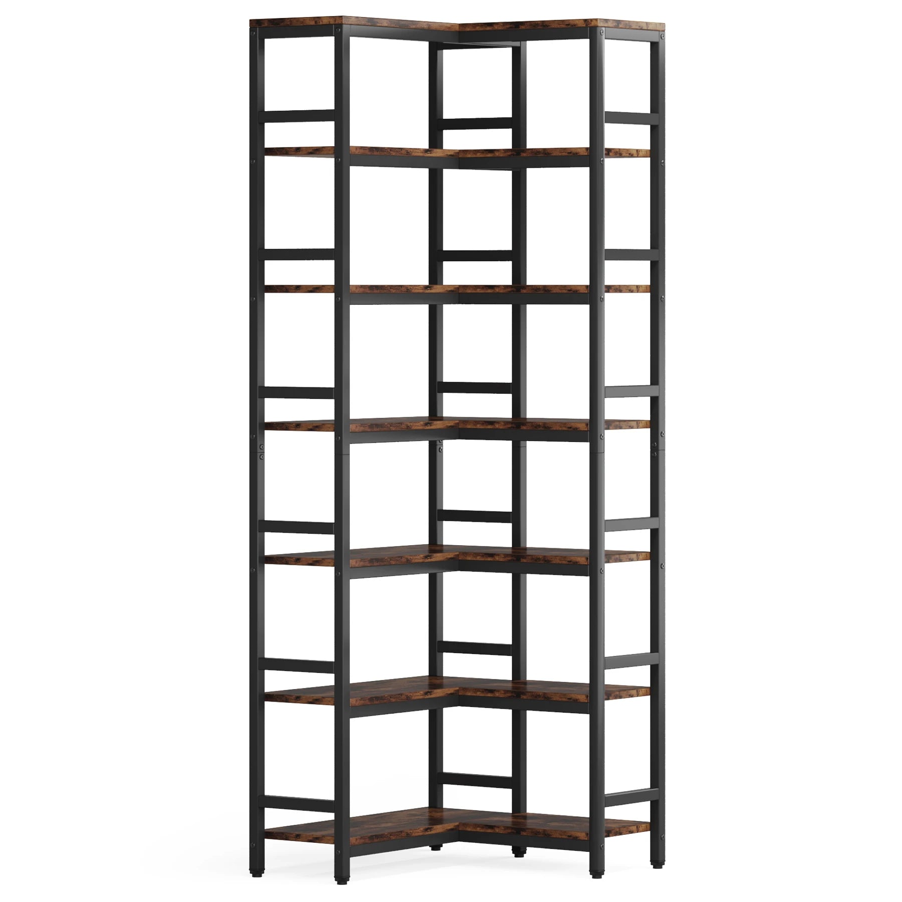 Industrial Corner Bookcase with 7 Shelves and Black Metal Frame for Living Room — 71" Tall