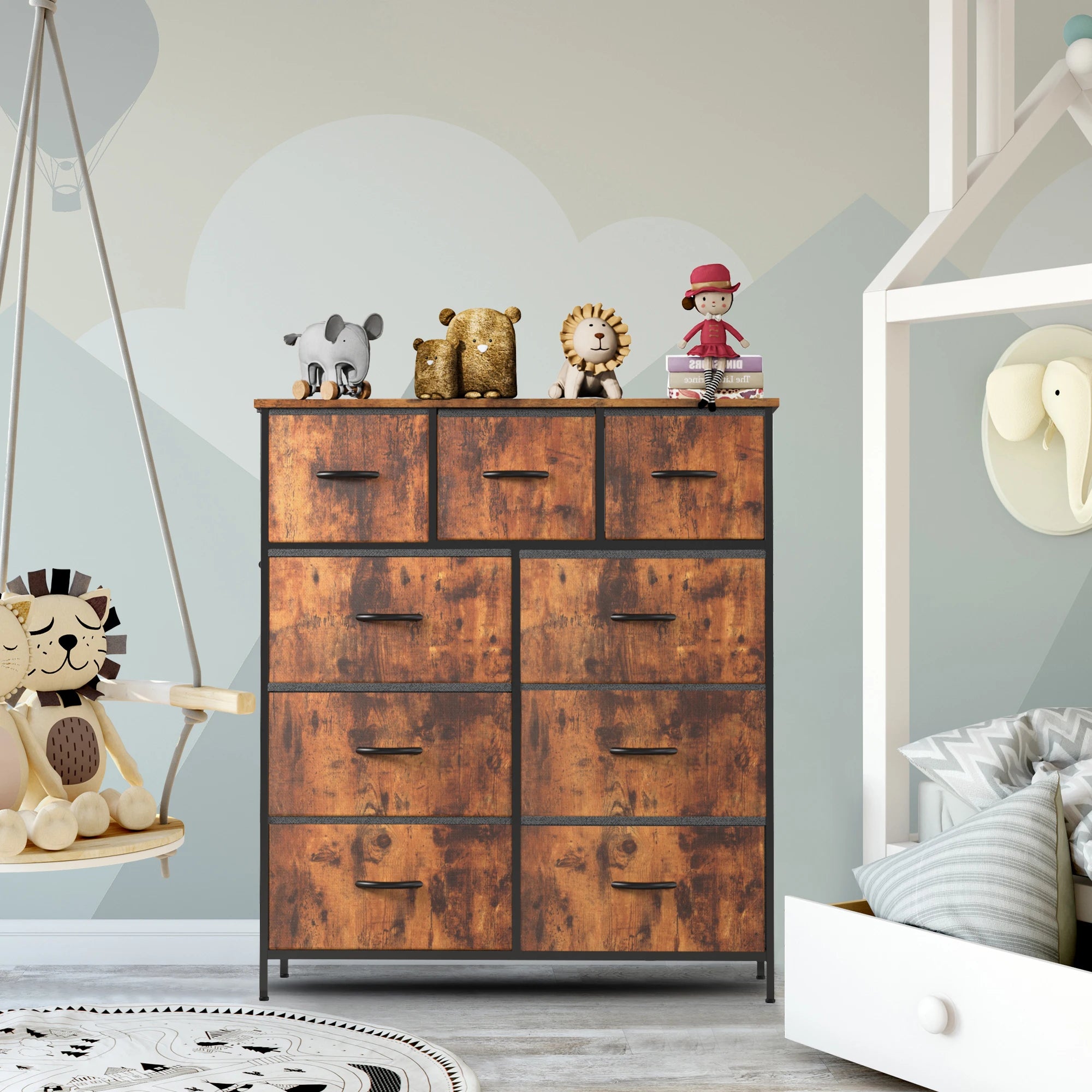 Rustic Wood-Look Dresser with 9 Fabric Drawers for Bedroom — Tall Industrial Chest