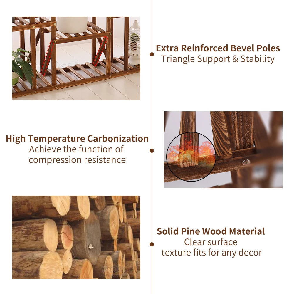 Carbonized Wood Plant Stand with Multi-Tier Slatted Shelves for Living Room — Holds 9+ Pots