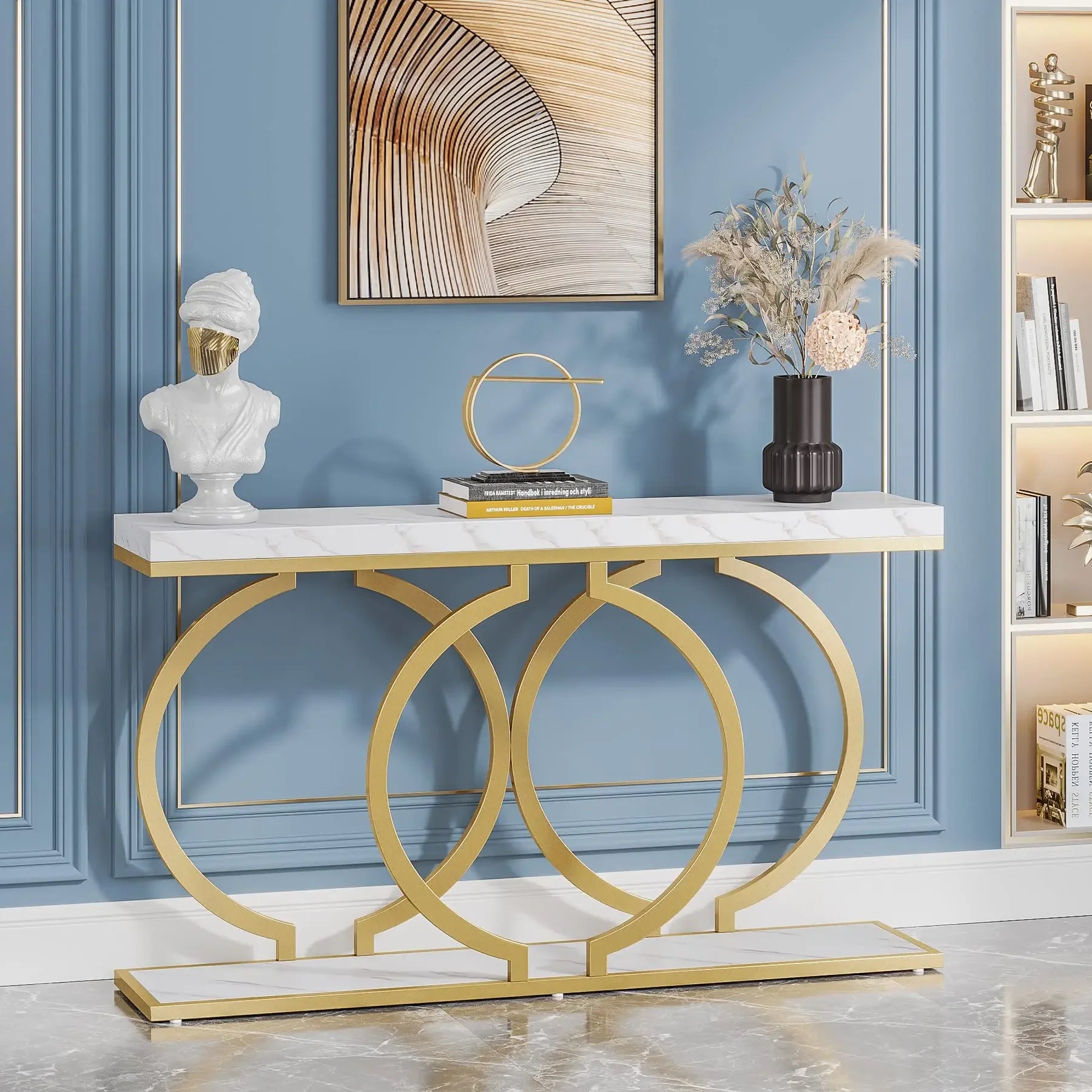 Faux Marble Console Table, 55" Gold Entryway Table — Narrow Sofa Table for Living Room & Hallway