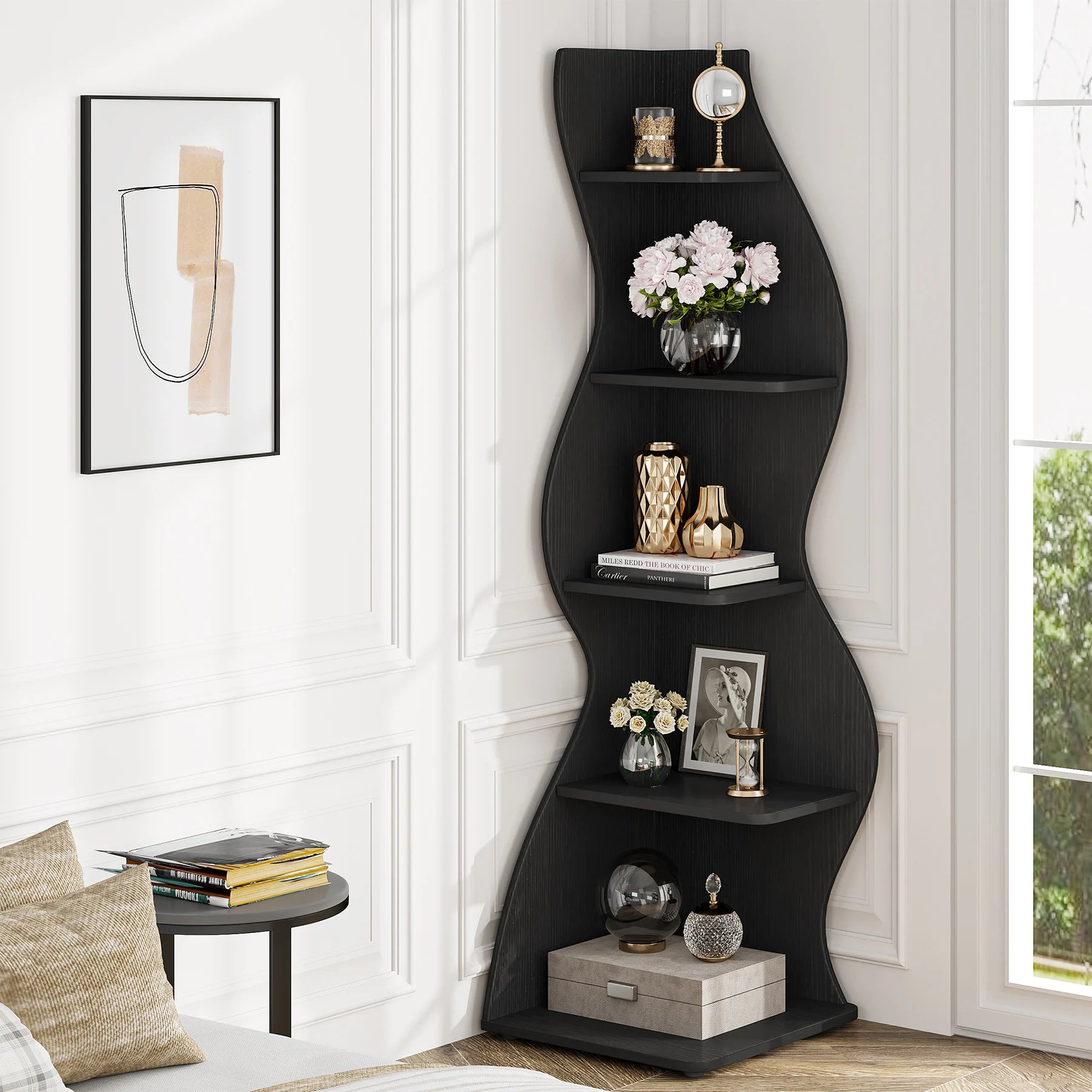 White Wave 5-Tier Corner Bookshelf with Curved Silhouette for Living Room — 65"H Floor Shelf