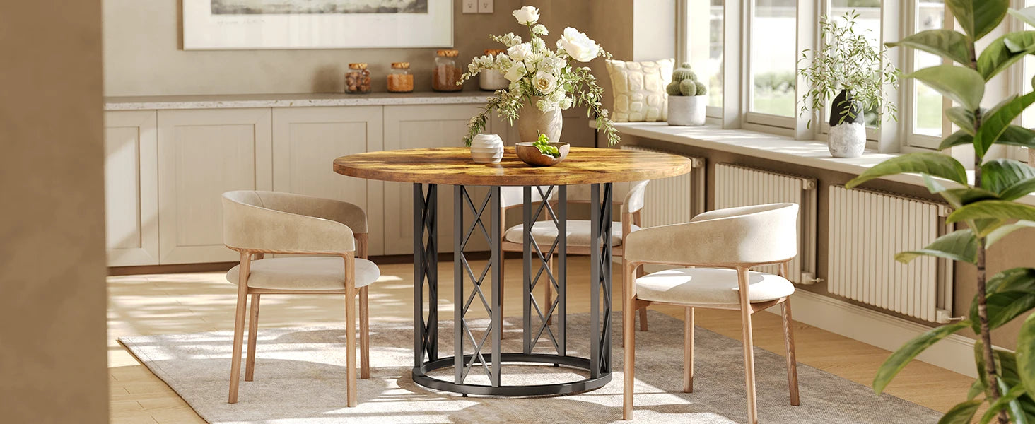 Walnut Round Dining Table with Sculptural Metal Pedestal for 4-6 — 47in