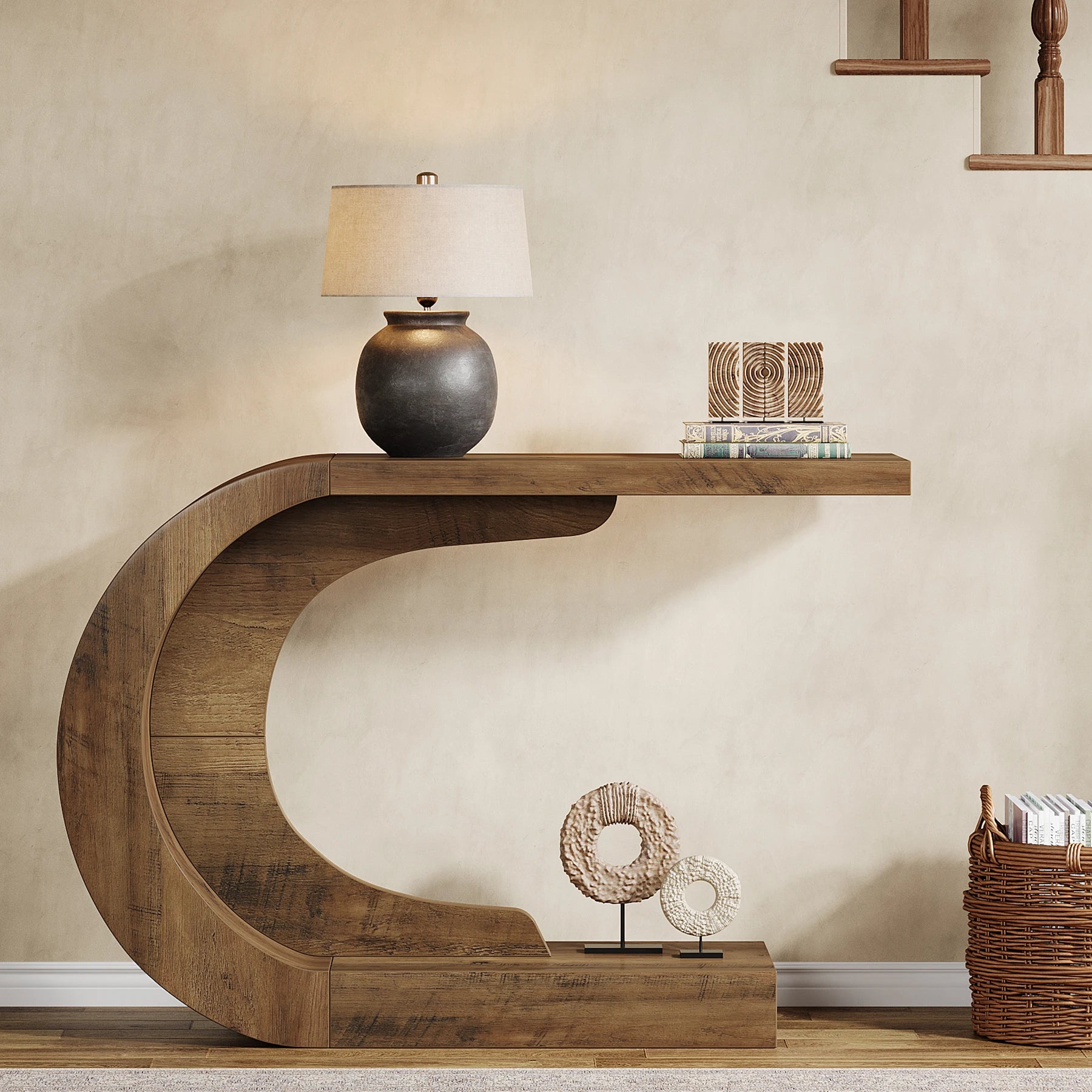 Curved Wood Console Table with Sculptural C-Base for Entryway — 43" Wide