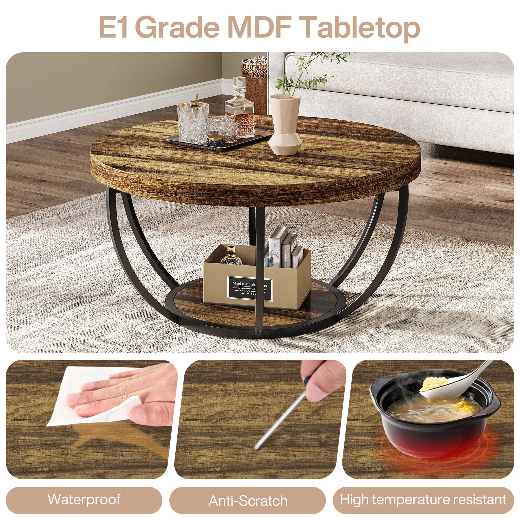 Round Industrial Coffee Table with Storage Shelf for Living Room — 31.7" Oak