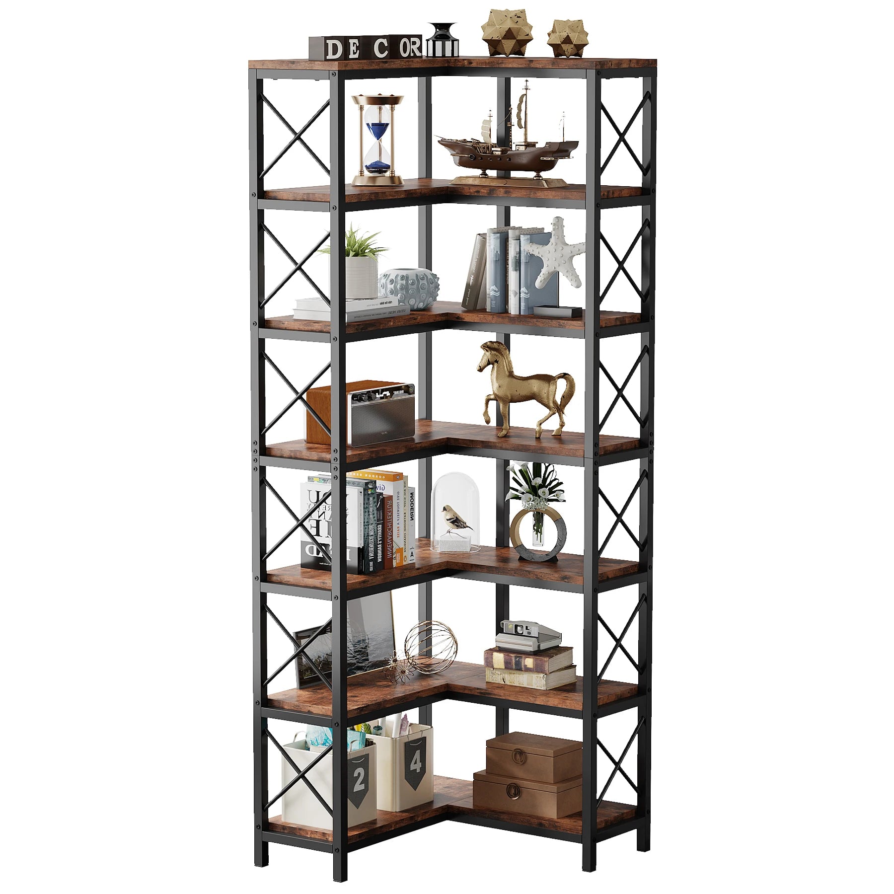 Industrial Corner Bookcase with 7 Shelves and Black Metal Frame for Living Room — 71" Tall