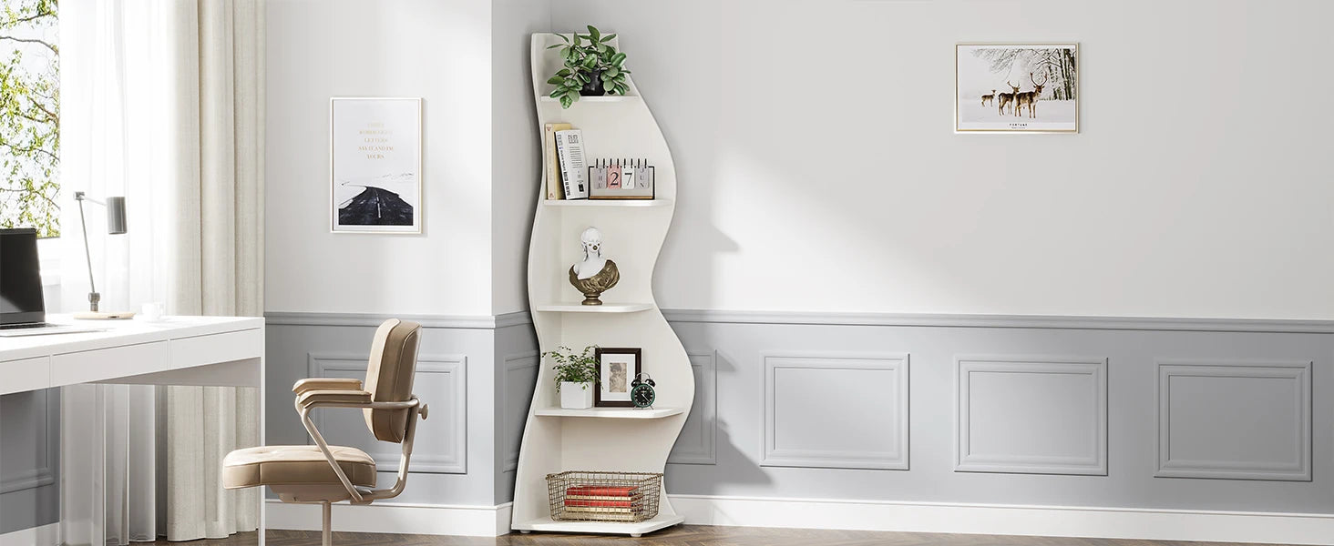 White Wave 5-Tier Corner Bookshelf with Curved Silhouette for Living Room — 65"H Floor Shelf