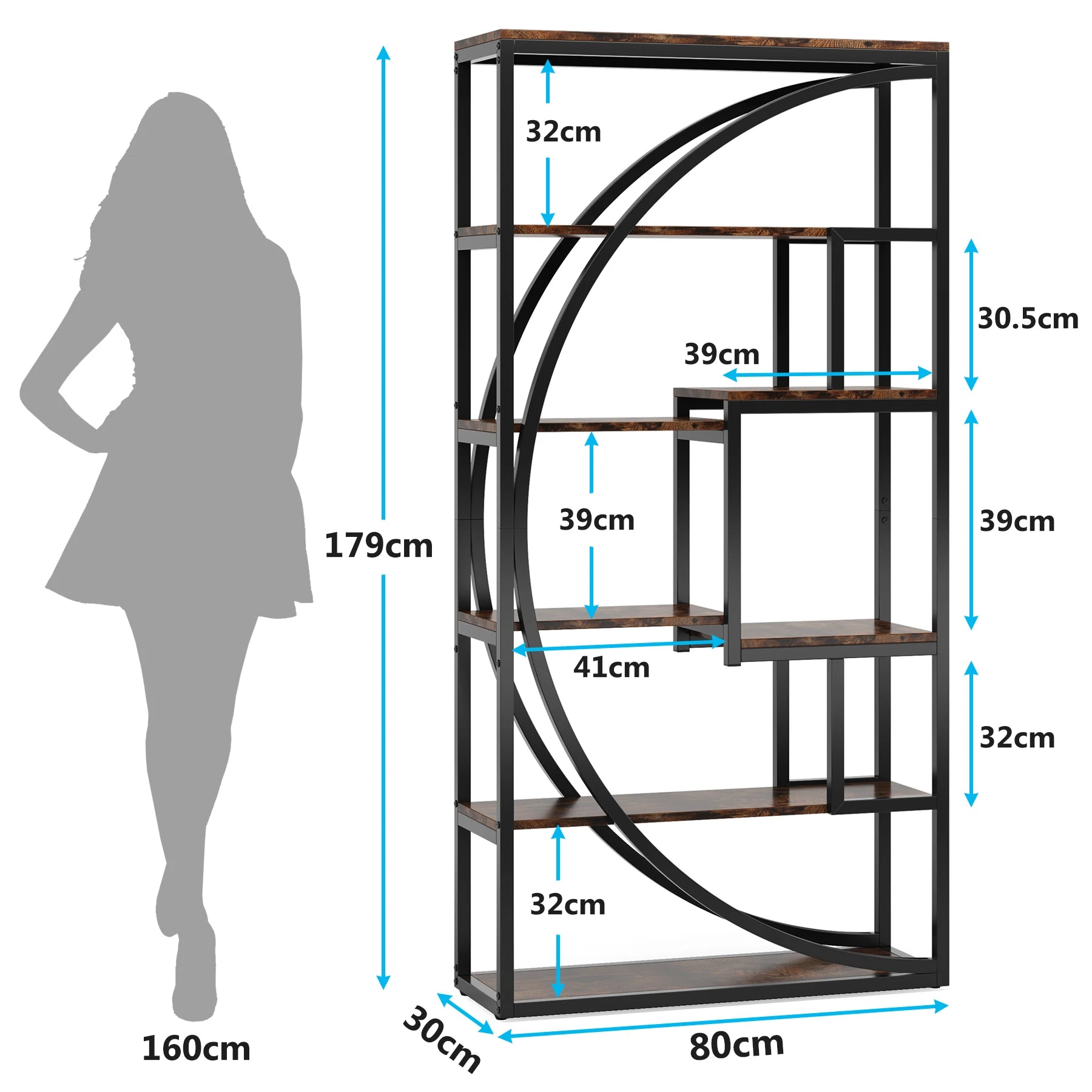 Industrial Etagere Bookcase with Curved Arc for Living Room — 71" Tall Freestanding