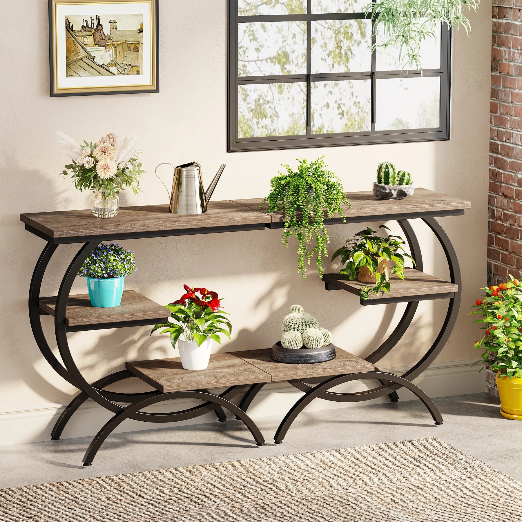 Industrial 3-Tier Side Table with Curved Metal Frame for Living Room — Rustic Brown Wood