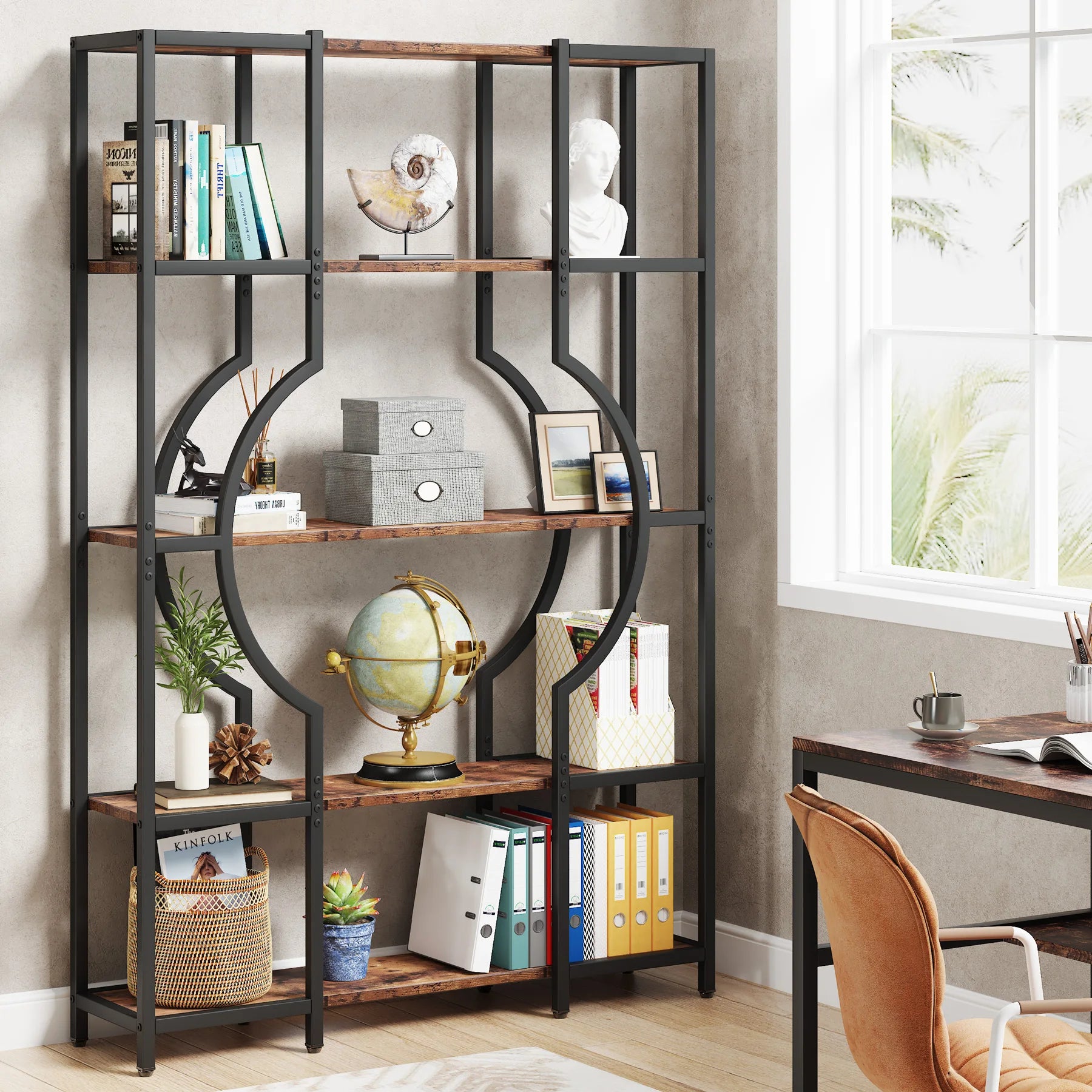 Industrial Etagere Bookcase with Curved Arc for Living Room — 71" Tall Freestanding