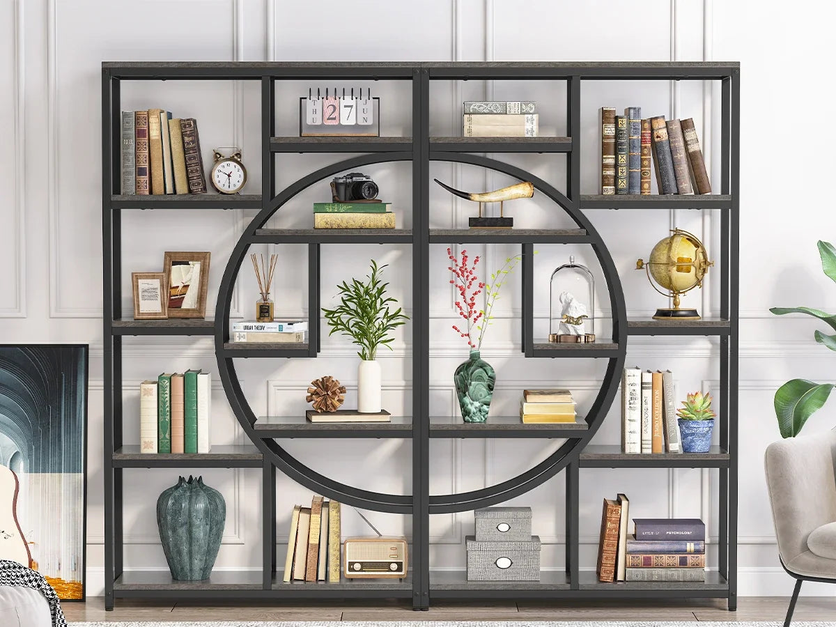 Industrial Etagere Bookcase with Curved Arc for Living Room — 71" Tall Freestanding