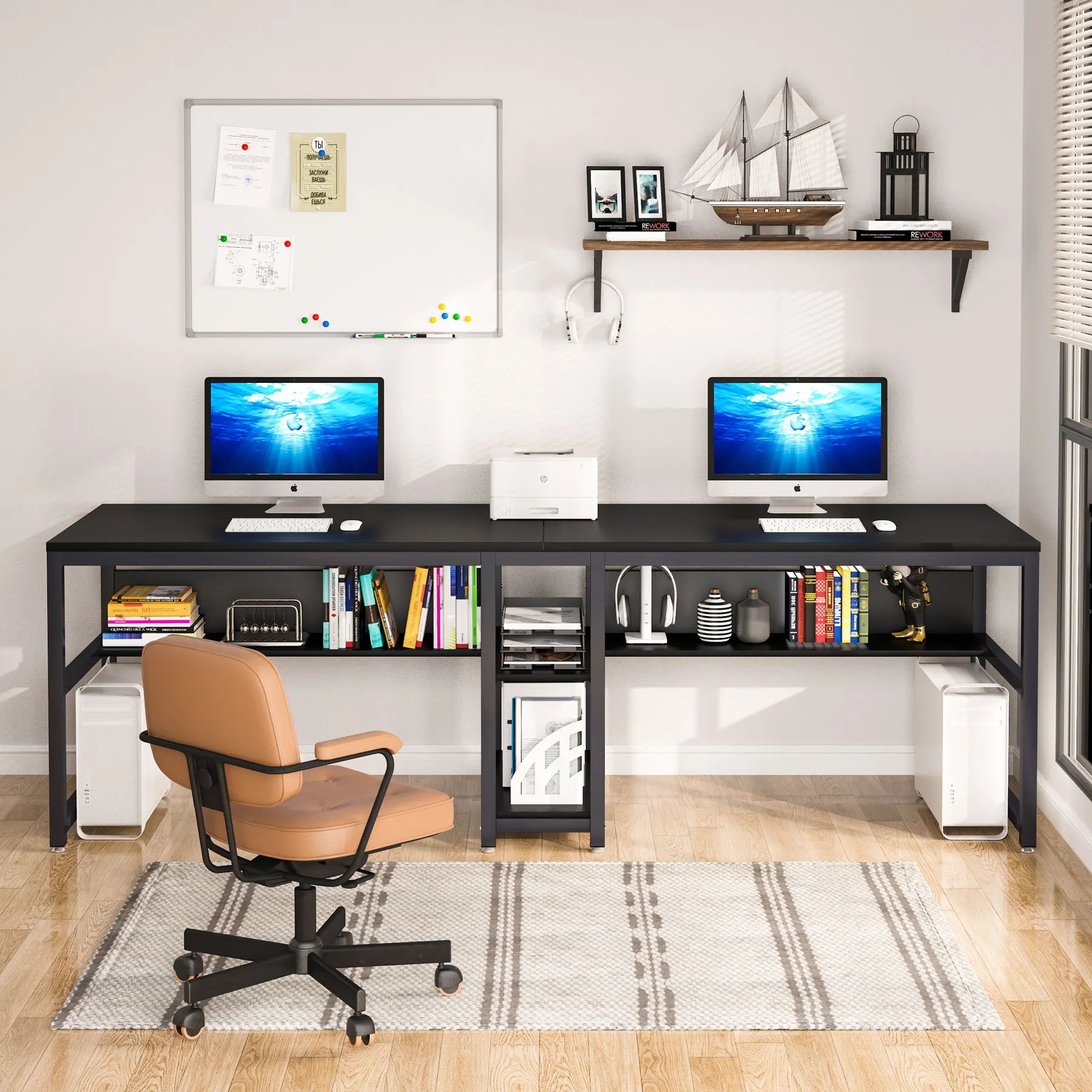 Rustic Two-Person Desk with Bookshelf for Home Office — 78.7in Double Workstation