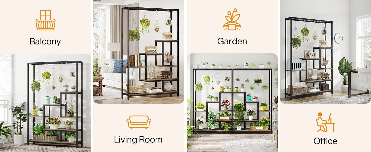 Industrial Metal Plant Stand with Hanging Hooks for Living Room — 5-Tier, 70.9in Tall