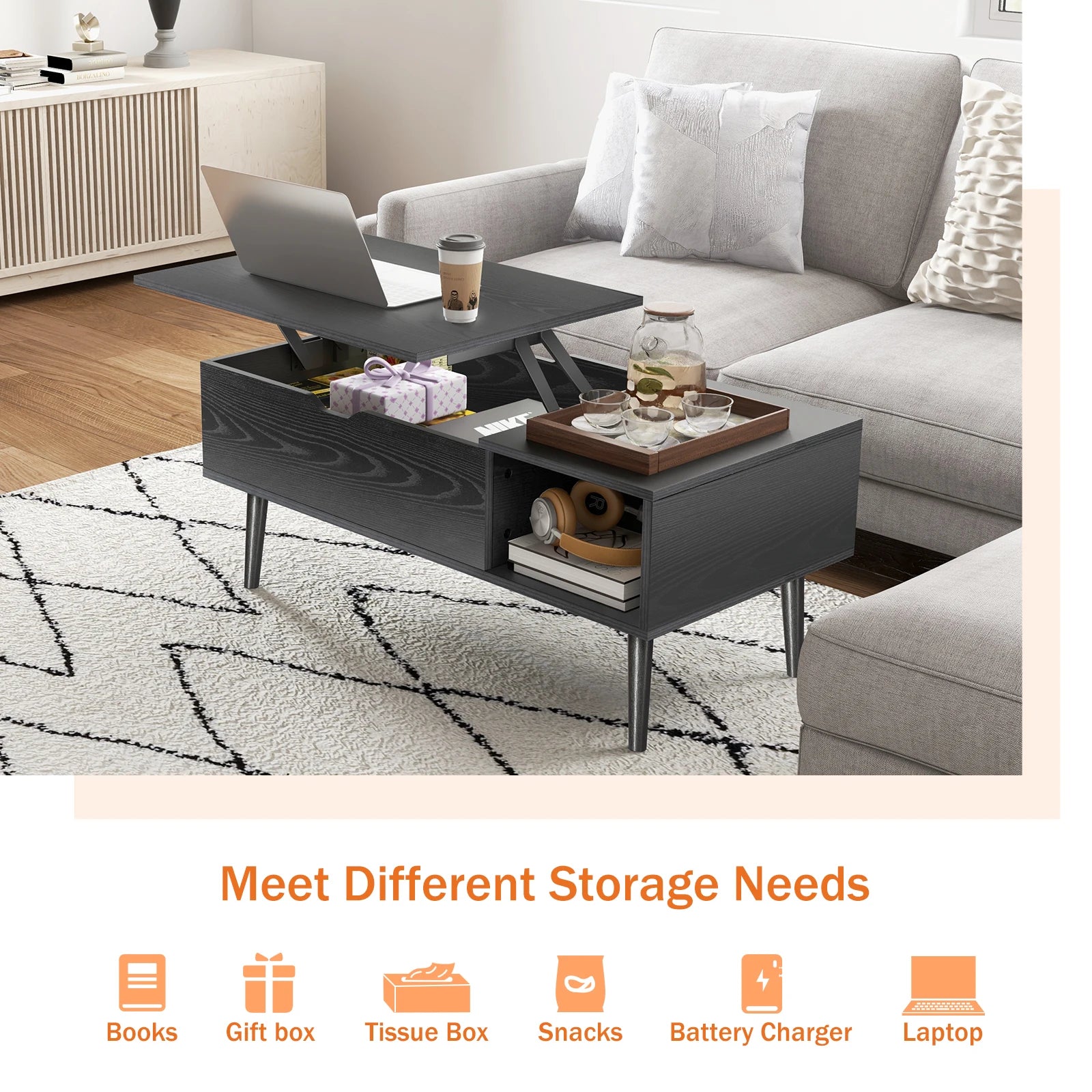 Mid-Century Lift-Top Coffee Table with Hidden Storage for Living Room — 39"W