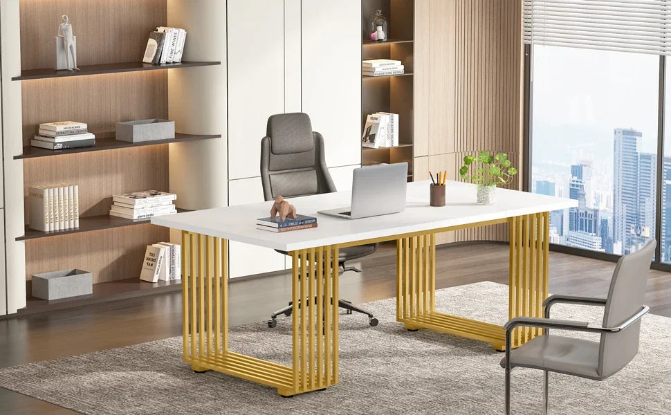 White Executive Desk with Gold Metal Legs for Home Office — 70.9"