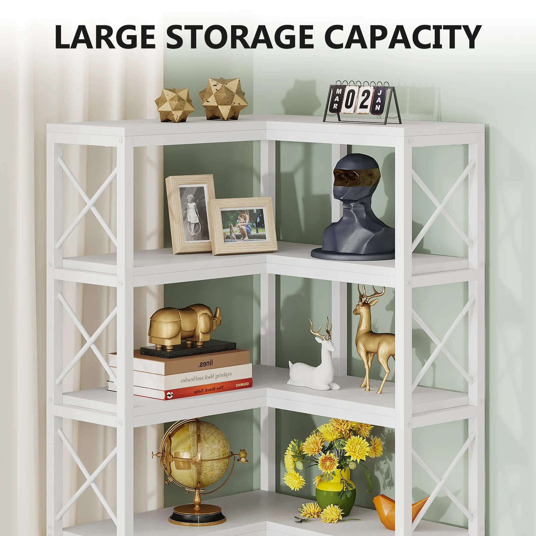 Industrial Corner Bookcase with 7 Shelves and Black Metal Frame for Living Room — 71" Tall