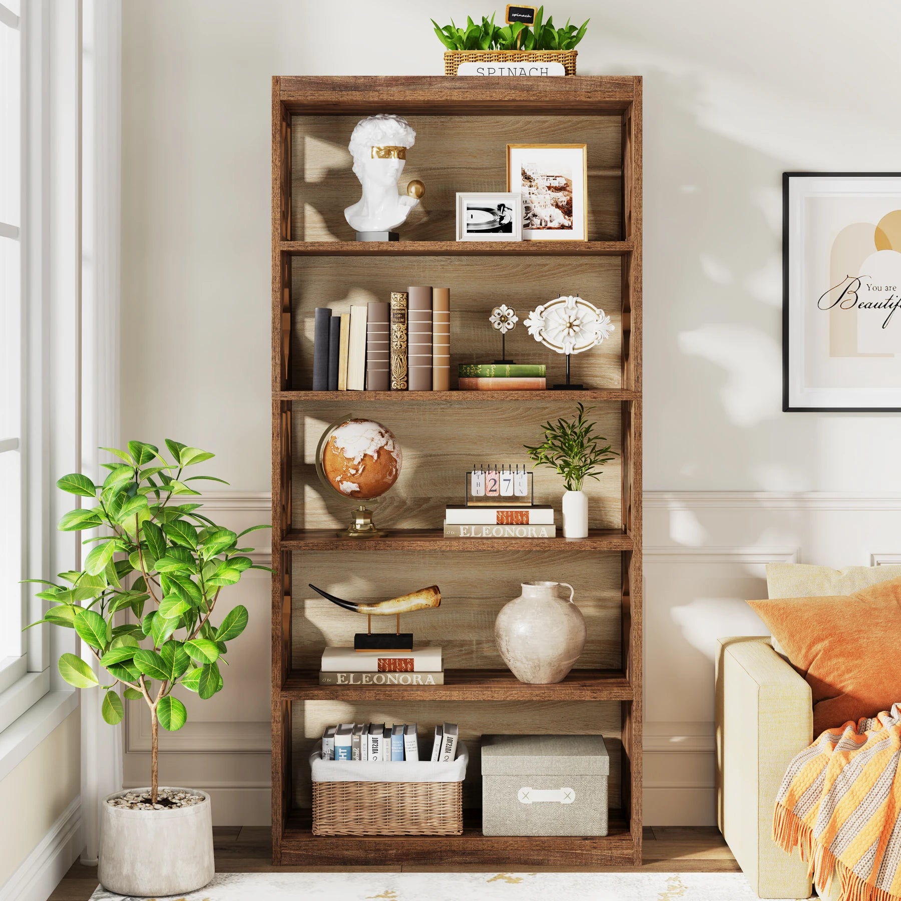 Industrial 6-Tier Bookcase with X-Frame for Living Room — 71in Tall Open Bookshelf